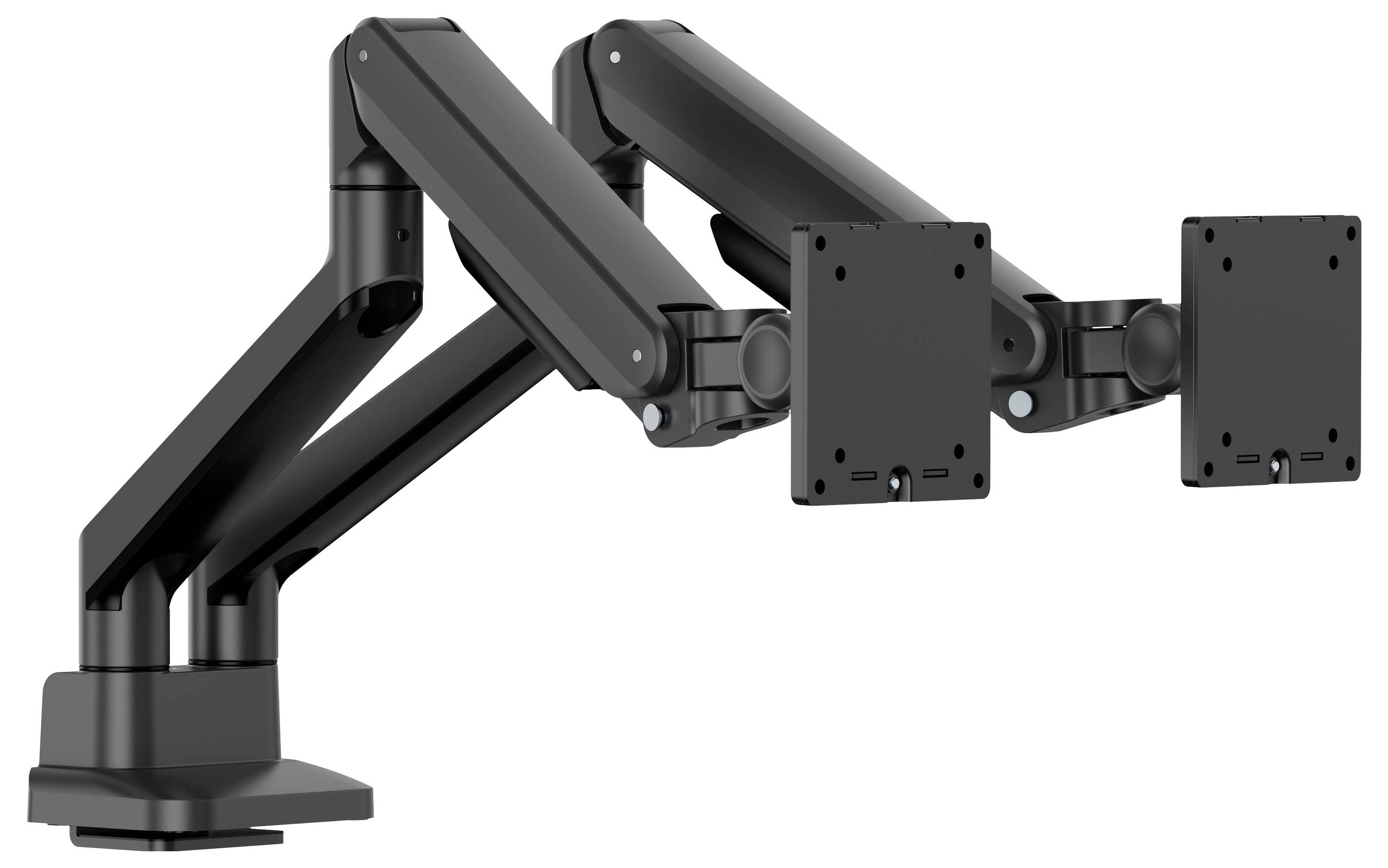 Verstellbarer Dual-Monitor-Arm mit zwei flachen Befestigungsplatten, die sich von einer Schreibtischbasis erstrecken.