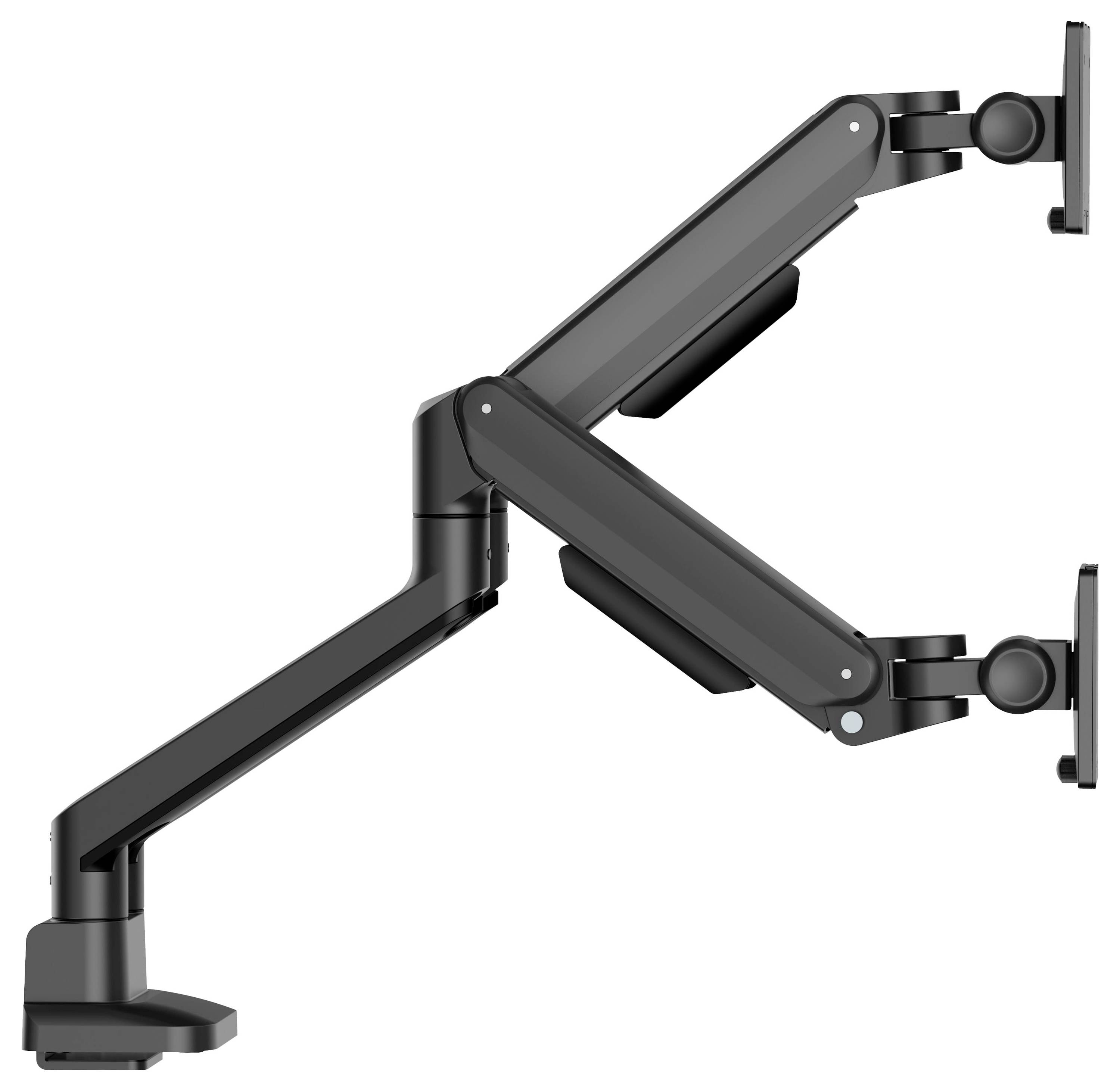 Verstellbarer schwarzer Dual-Monitor-Arm mit artikulierten Gelenken und zwei VESA-Befestigungsplatten, Seitenansicht auf weißem Hintergrund dargestellt.