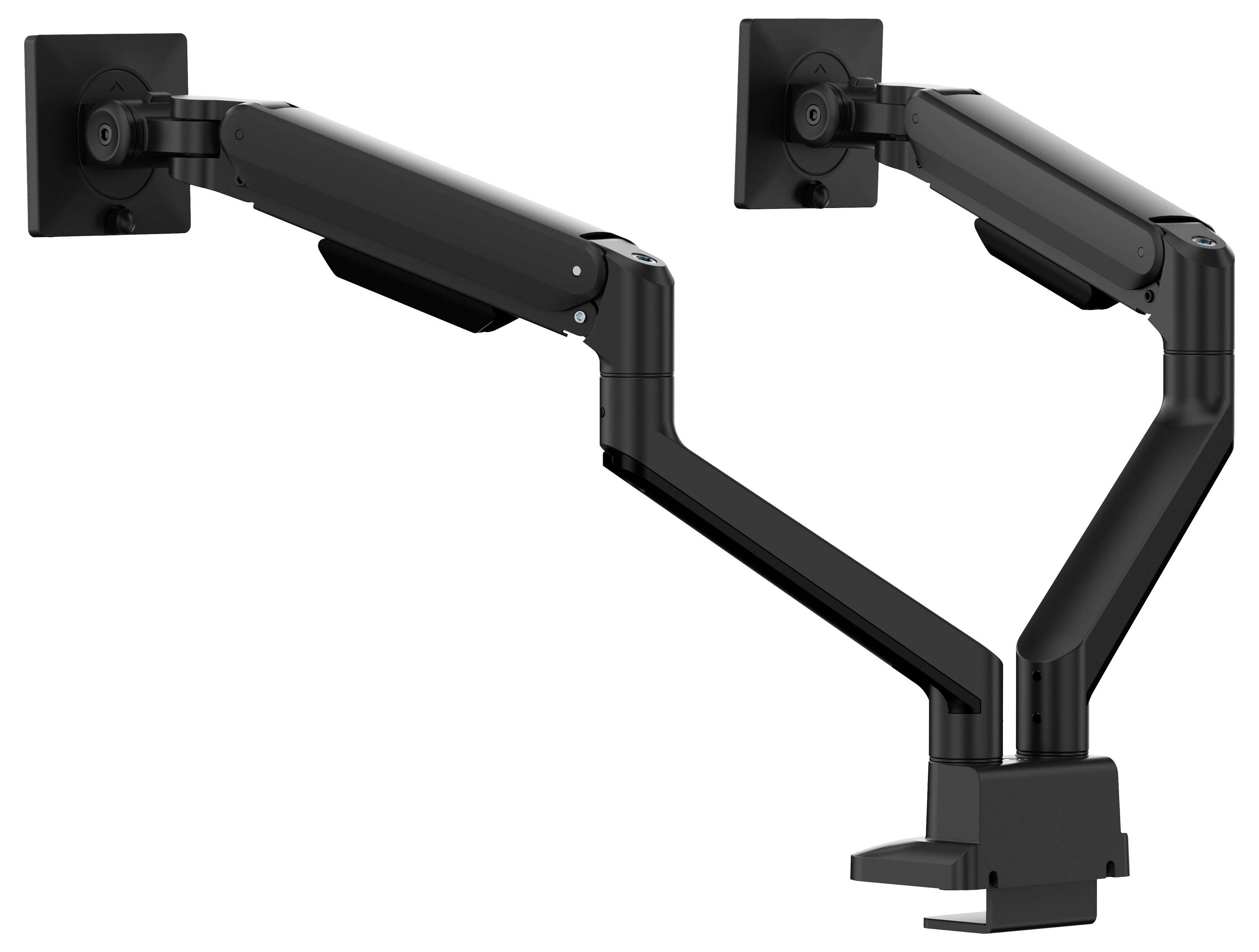 Schwarze Doppelbildschirm-Wandhalterung mit gelenkigen verstellbaren Armen, die an zwei Wandplatten an weißem Hintergrund befestigt sind.