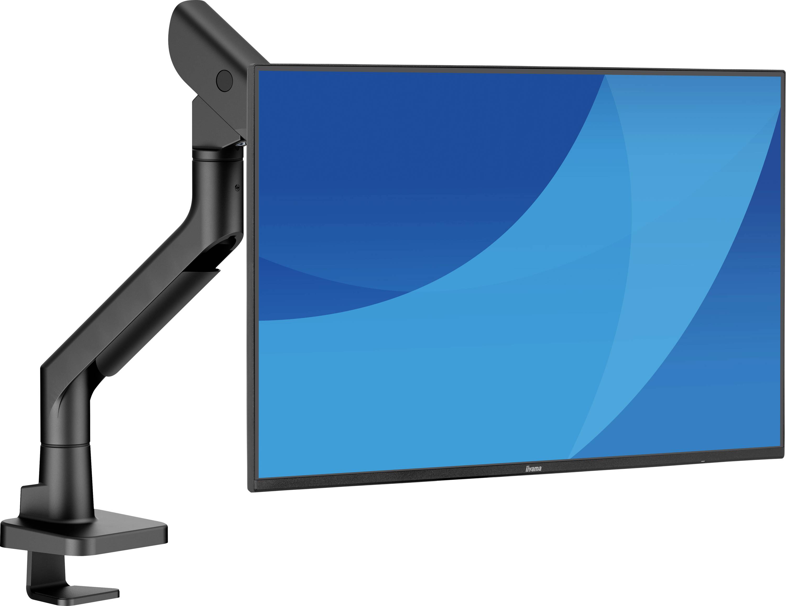 Computermonitor, der auf einem verstellbaren schwarzen Schreibtischarm mit Klemmfuß montiert ist, vor weißem Hintergrund dargestellt.