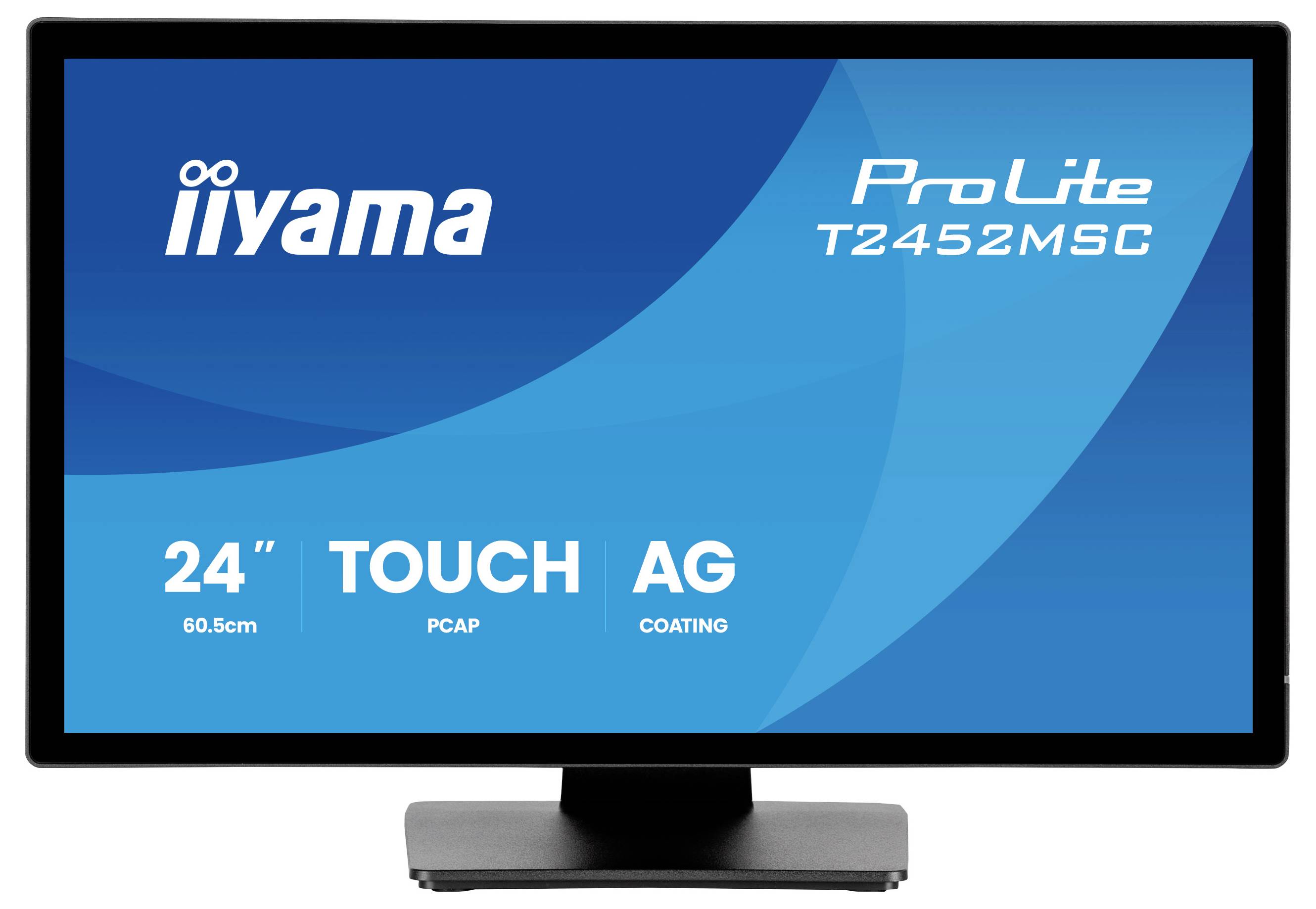 Iiyama ProLite T2452MSC 24-Zoll-Touchscreen-Monitor mit blauem Werbungsbildschirm, der die Funktionen "TOUCH" und "AG-Beschichtung" zeigt.