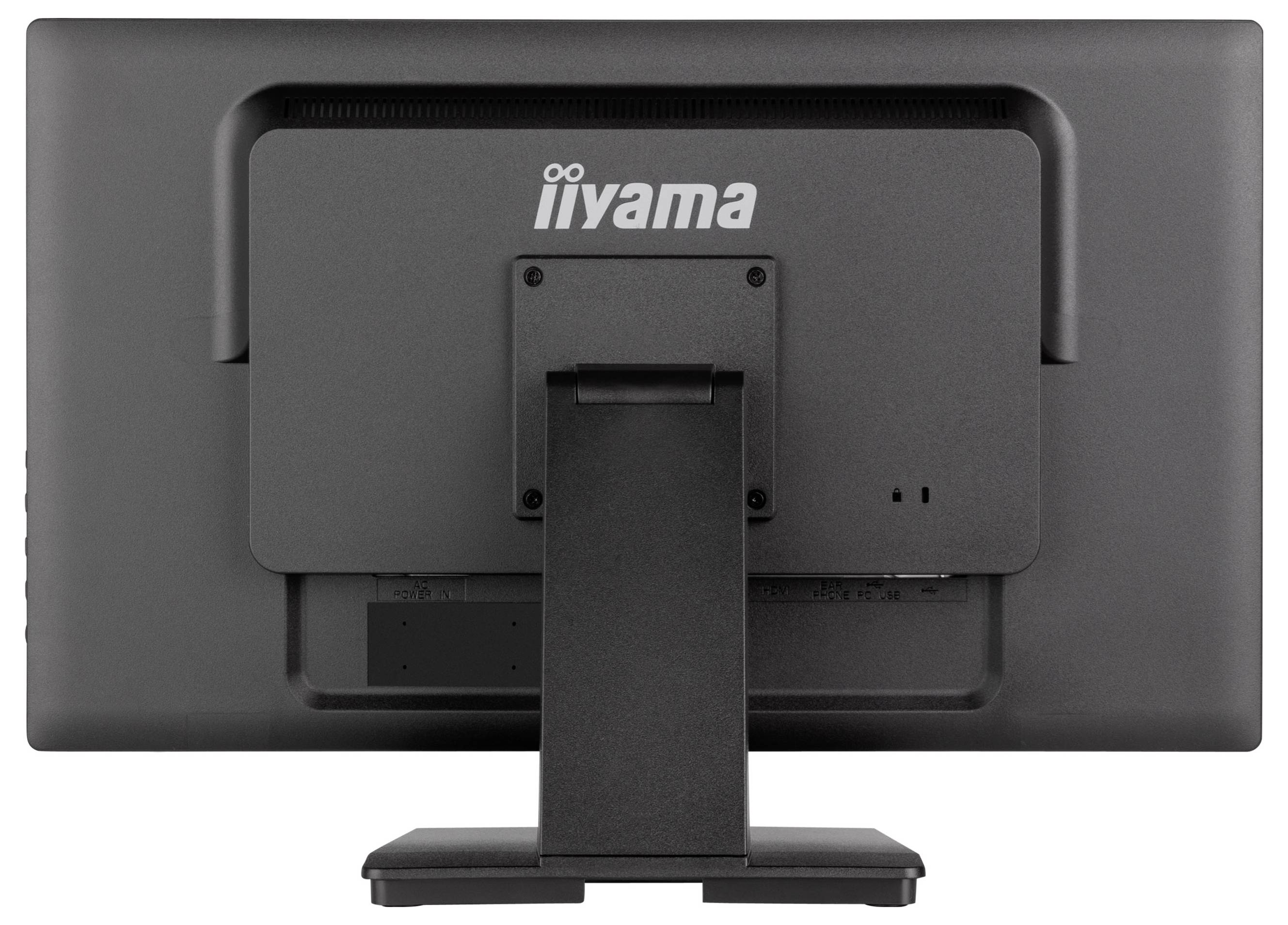 Rückansicht eines iiyama-Computermonitors auf einem Ständer.