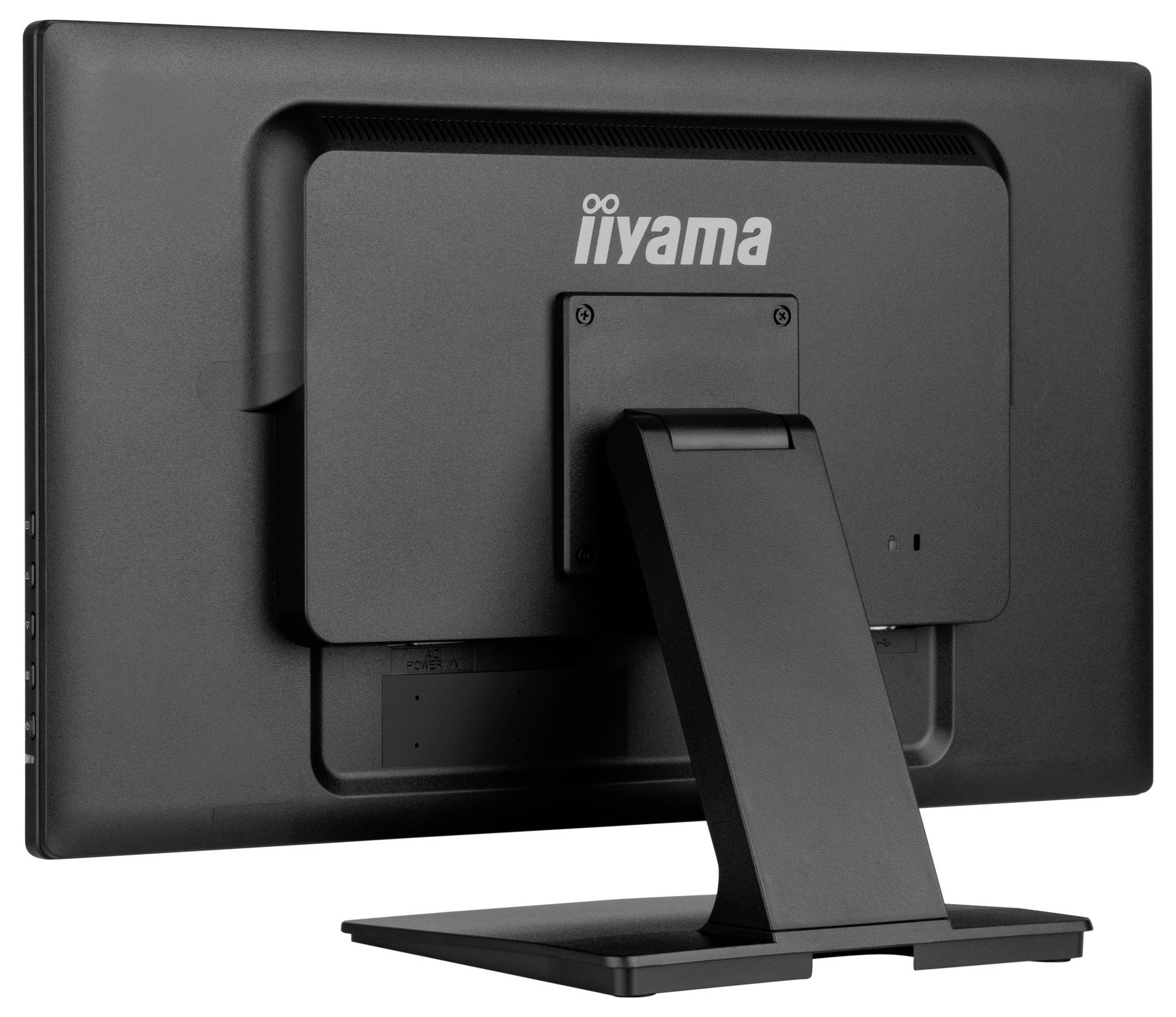 Rückansicht eines schwarzen Iiyama-Computermonitors auf einem Ständer, der die hintere Halterung und den verstellbaren Tragarm zeigt.