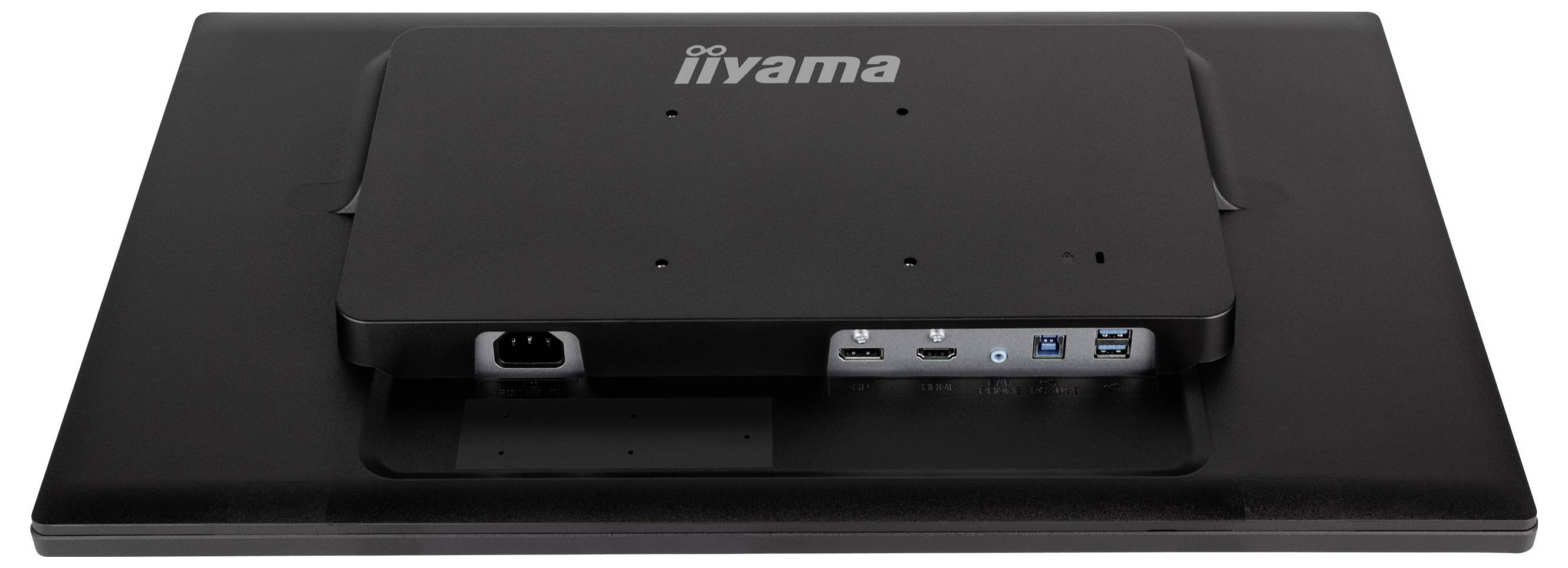 Rückansicht eines Iiyama-Monitorständers mit integrierten Kabelanschlüssen und Eingabeverbindungen, die auf der Rückseite sichtbar sind.