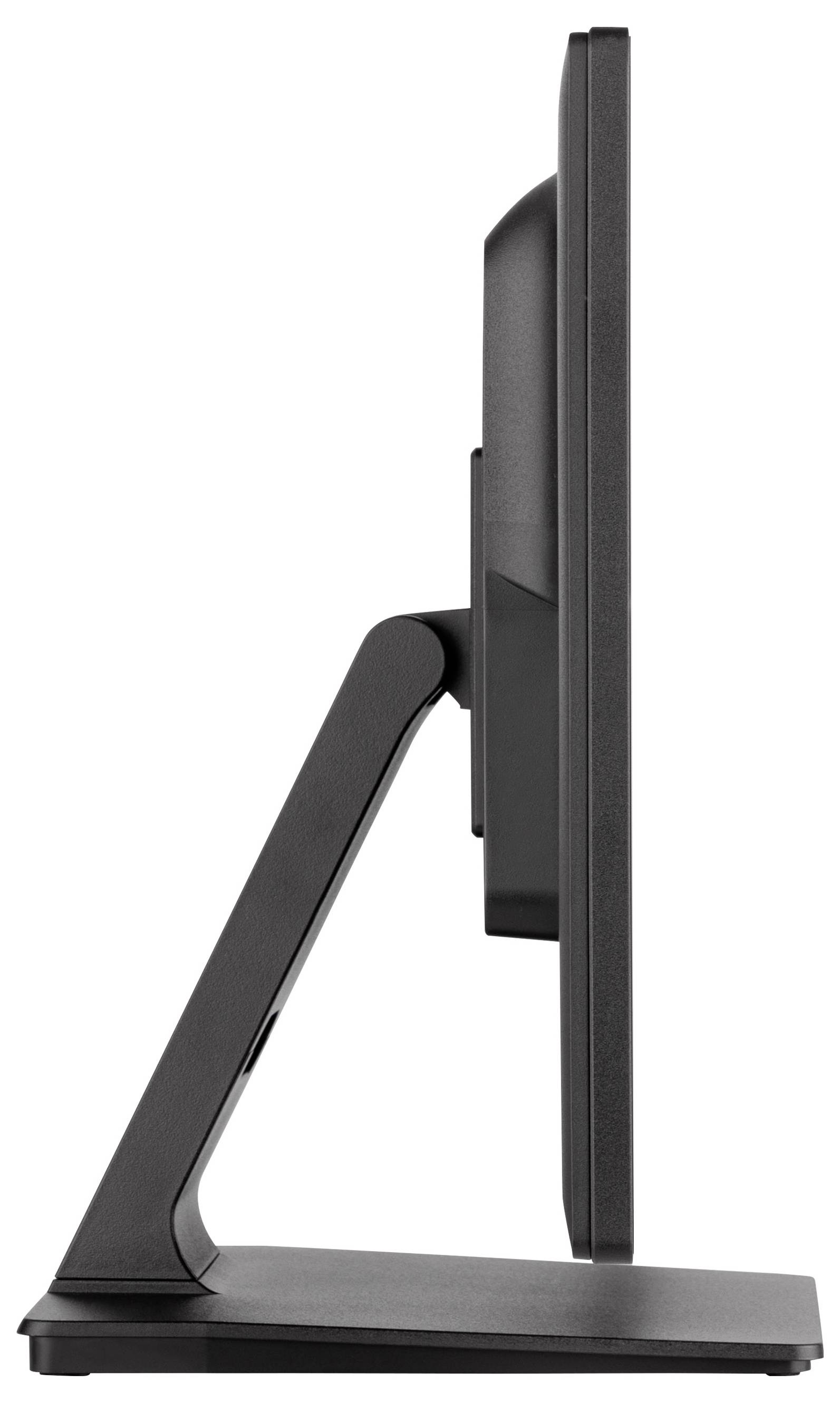 Seitenansicht eines schwarzen Desktop-Monitors auf einem Ständer mit einem geneigten Stützarm vor weißem Hintergrund.
