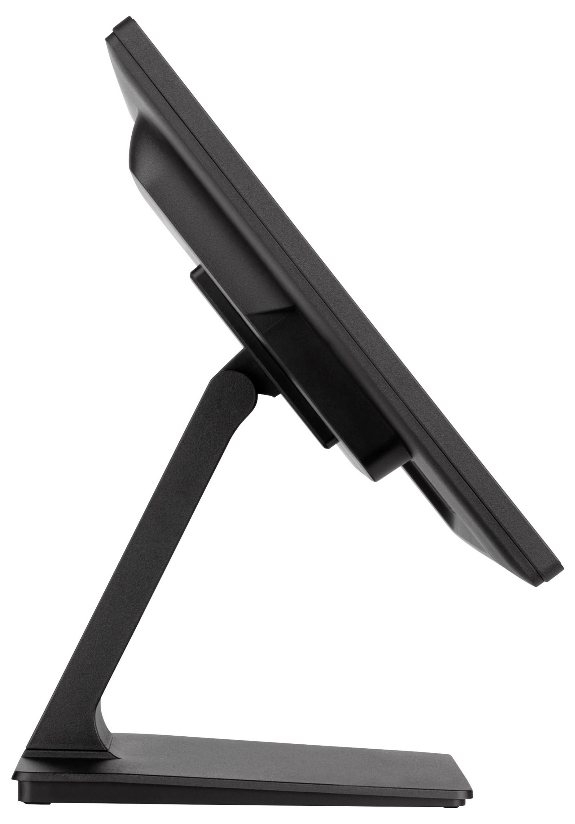 Schwarzes Tablet oder Monitor-Display auf einem verstellbaren geneigten Ständer vor weißem Hintergrund.