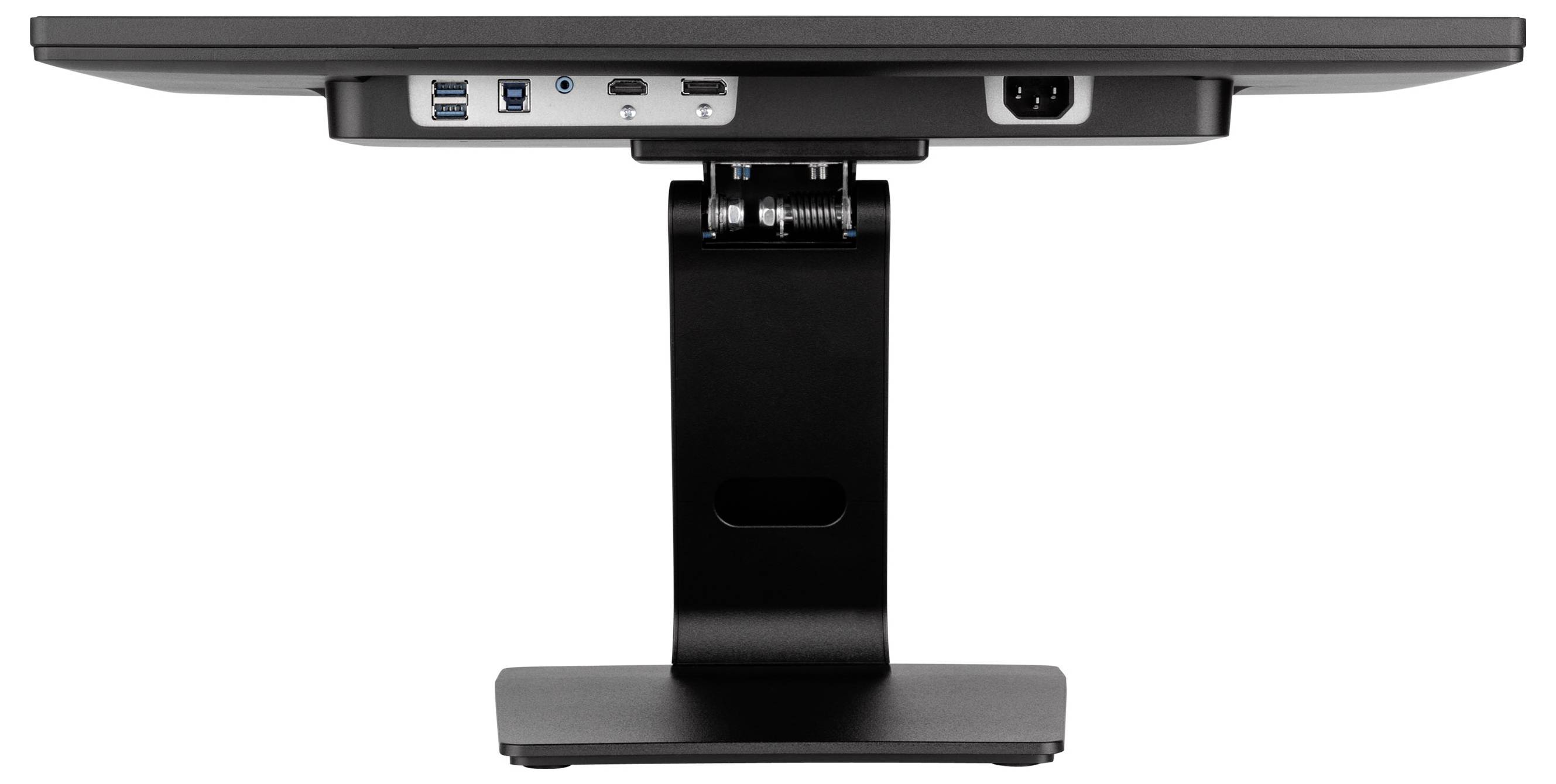 Seitenansicht eines schwarzen Monitorständers mit breiter Basis, zentraler Säule und verstellbarer oberer Halterung, die einen Bildschirm hält.