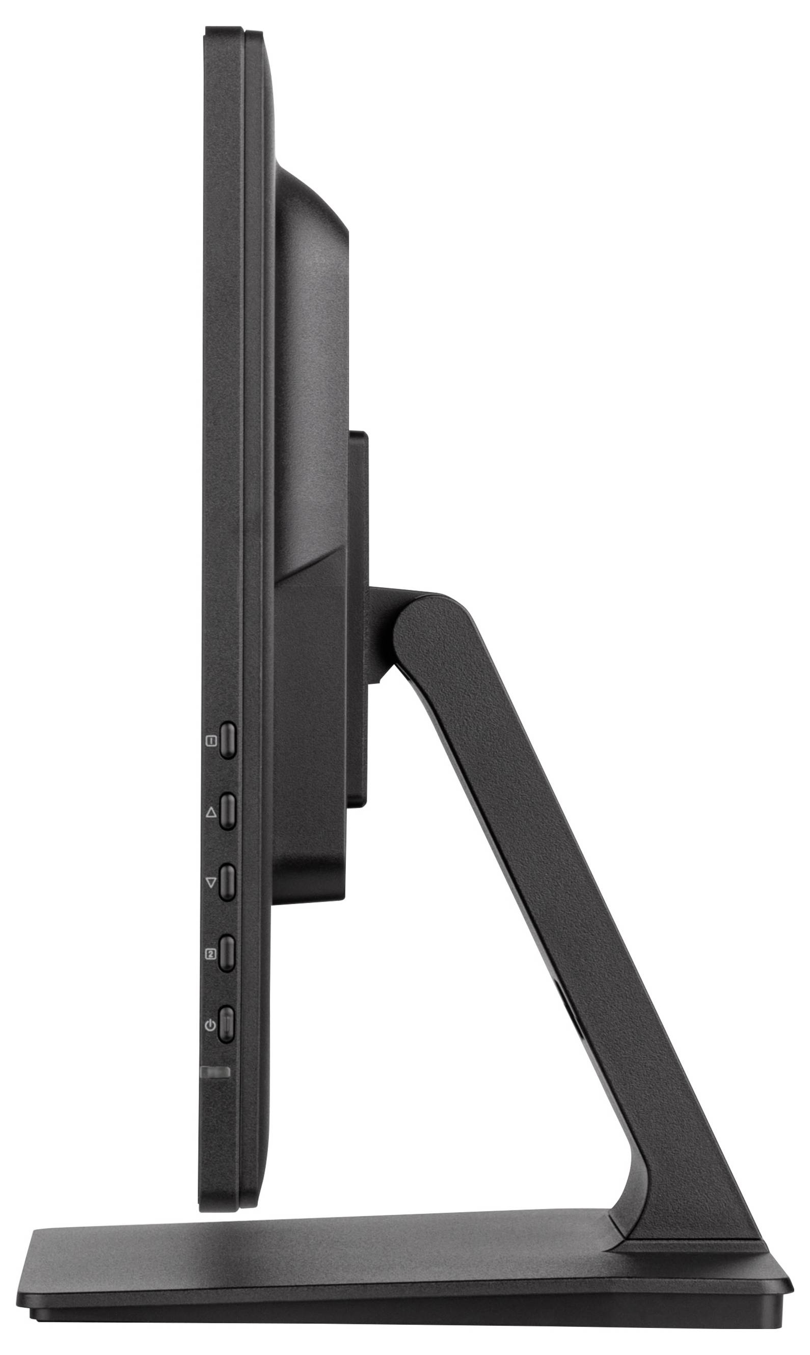 Seitenansicht eines schwarzen Computermonitors auf einem flachen Ständer mit einem verstellbaren, abgewinkelten Stützarm.
