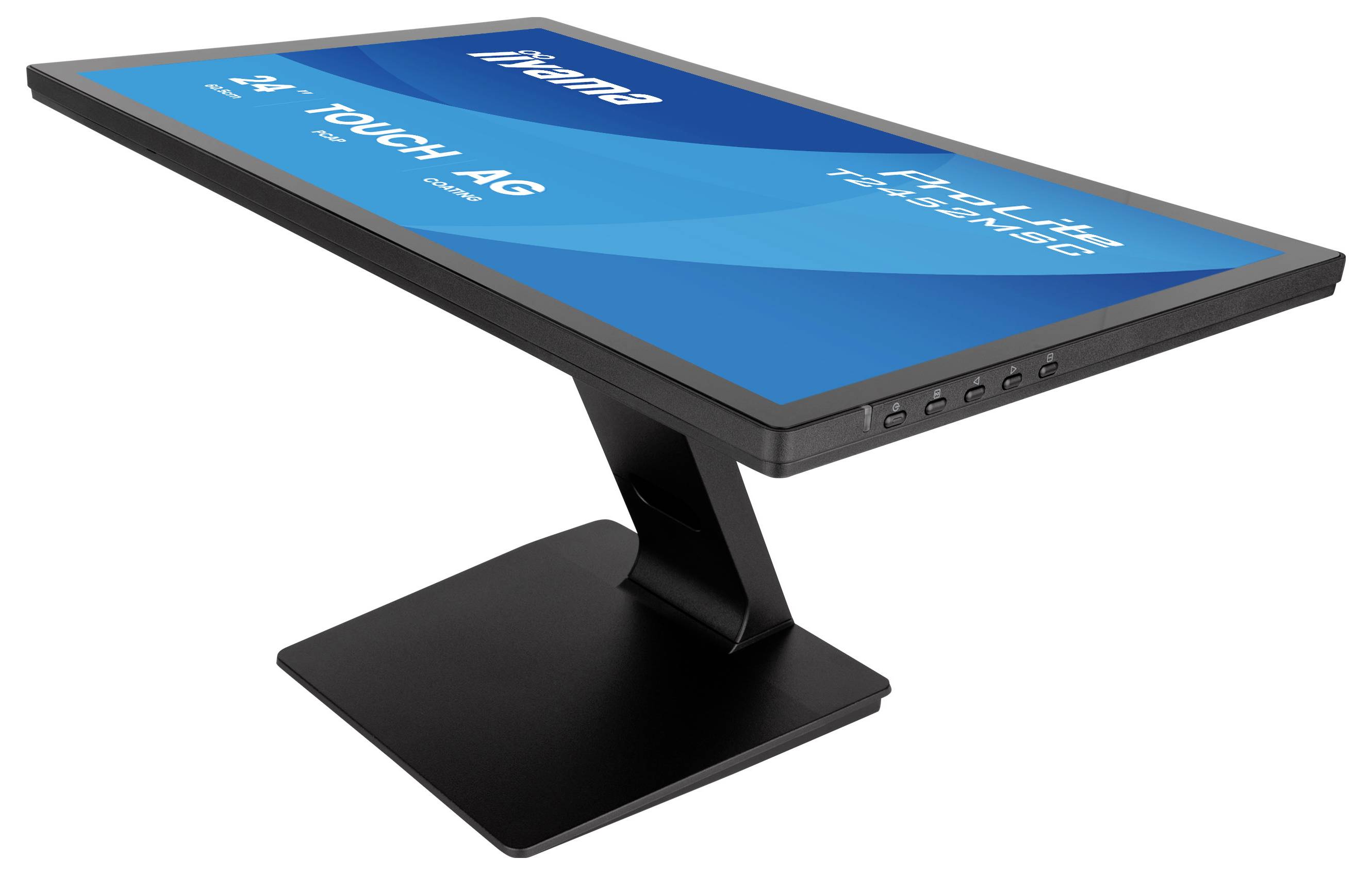Angezeigter Touchscreen-Kiosk mit Neigungswinkel auf schwarzem Standfuß