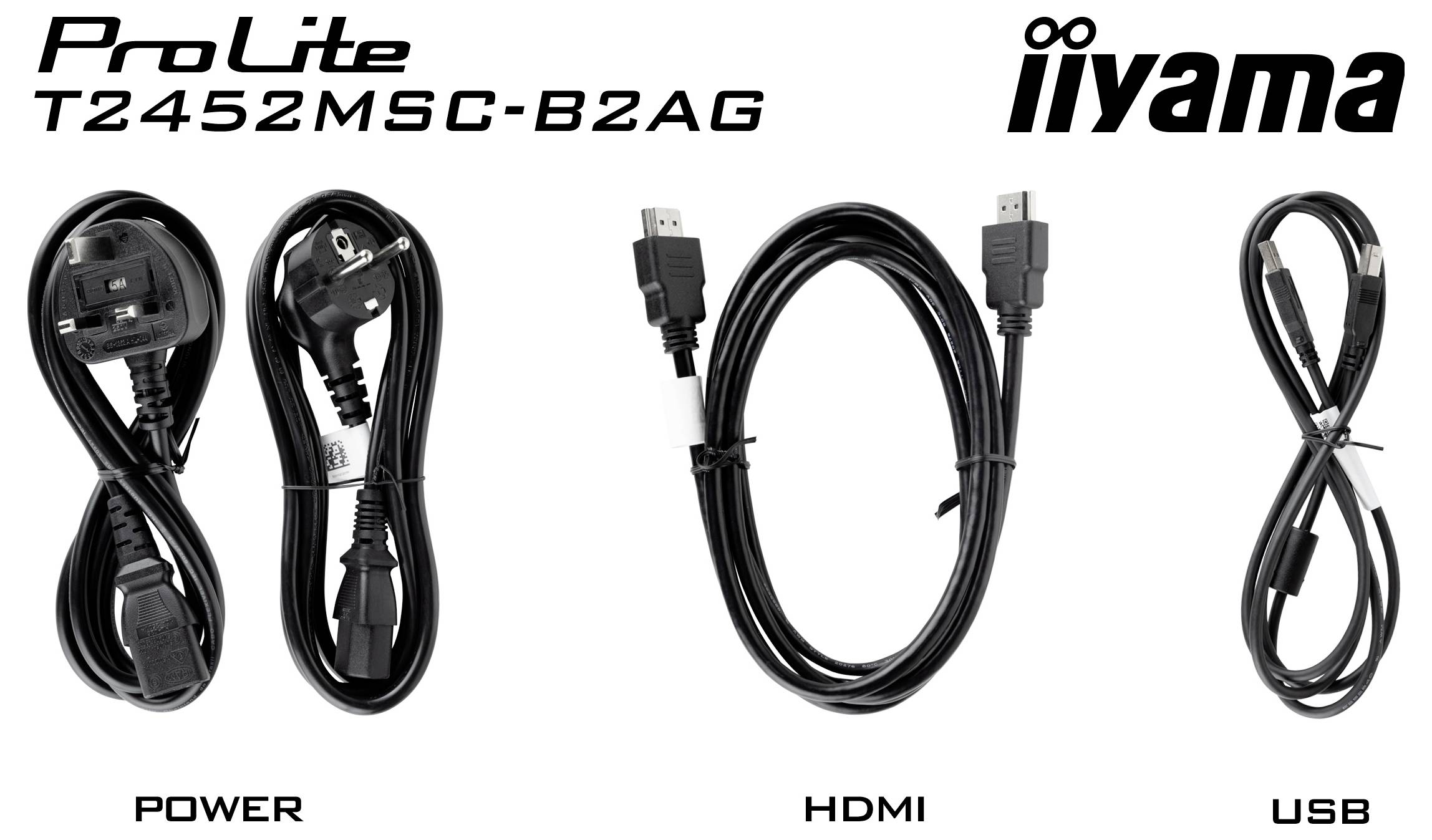 iiyama ProLite T2452MSC-B2AG Monitoranbindungen sind abgebildet: Stromkabel, HDMI-Kabel und USB-Kabel.