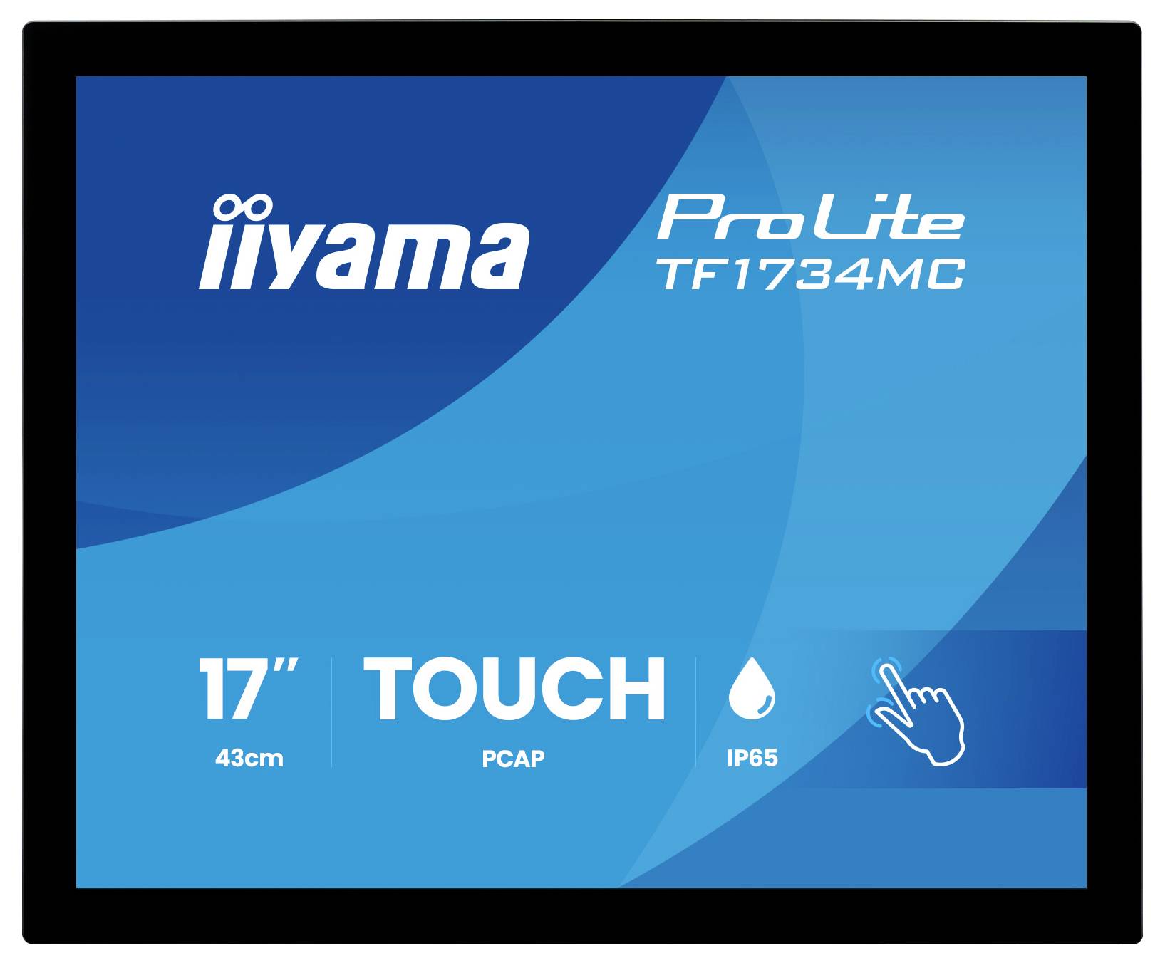 iiyama ProLite TF1734MC 17-Zoll-PCAP-Touchscreen-Monitor mit IP65-Schutzart und Touch-Hand-Symbol auf blauem Display.
