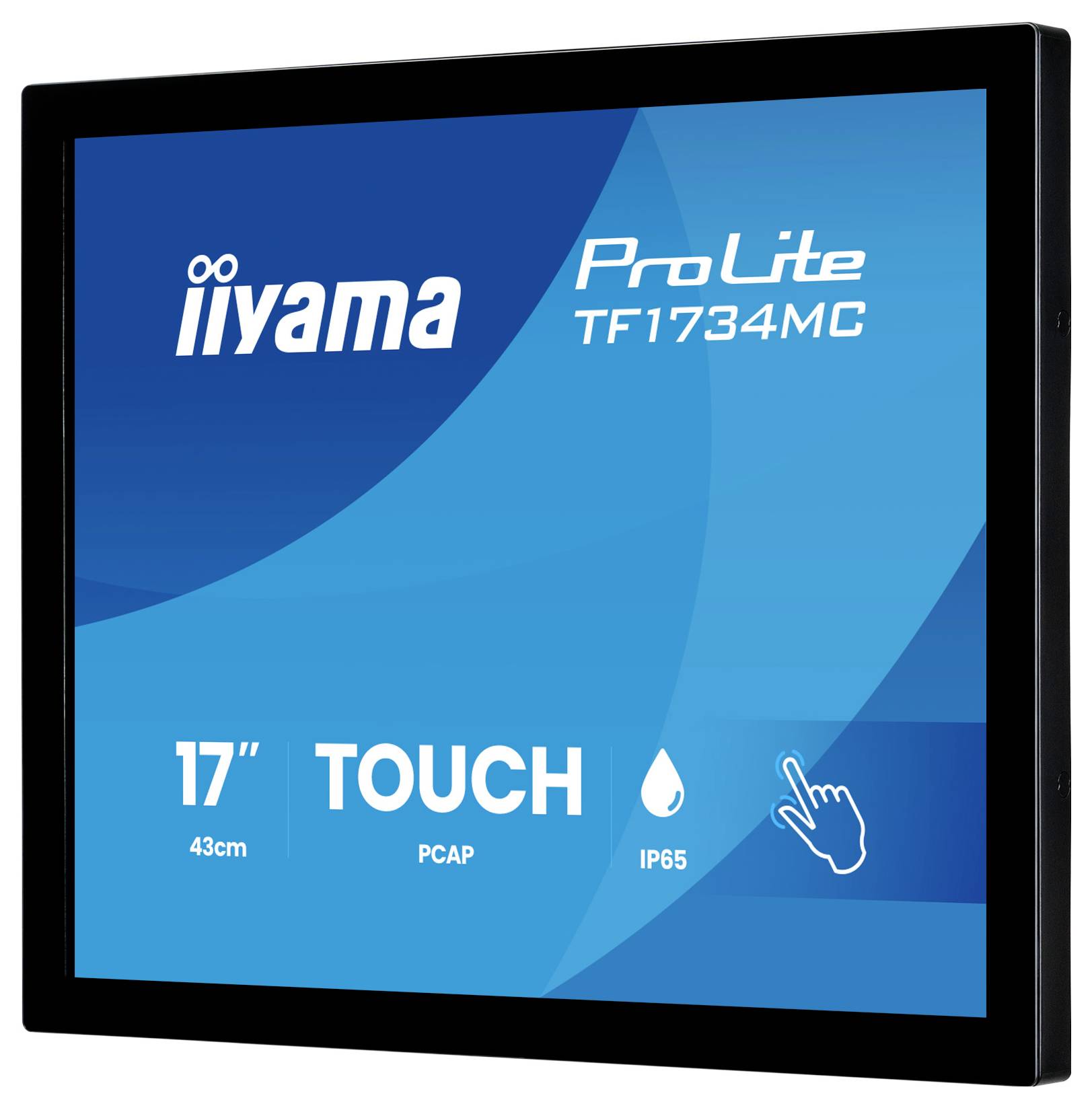 Produktabbildung eines Iiyama ProLite TF1734MC 17-Zoll-Touch-Monitors, der auf blauem Bildschirm '17 TOUCH', 'PCAP' und 'IP65' anzeigt.