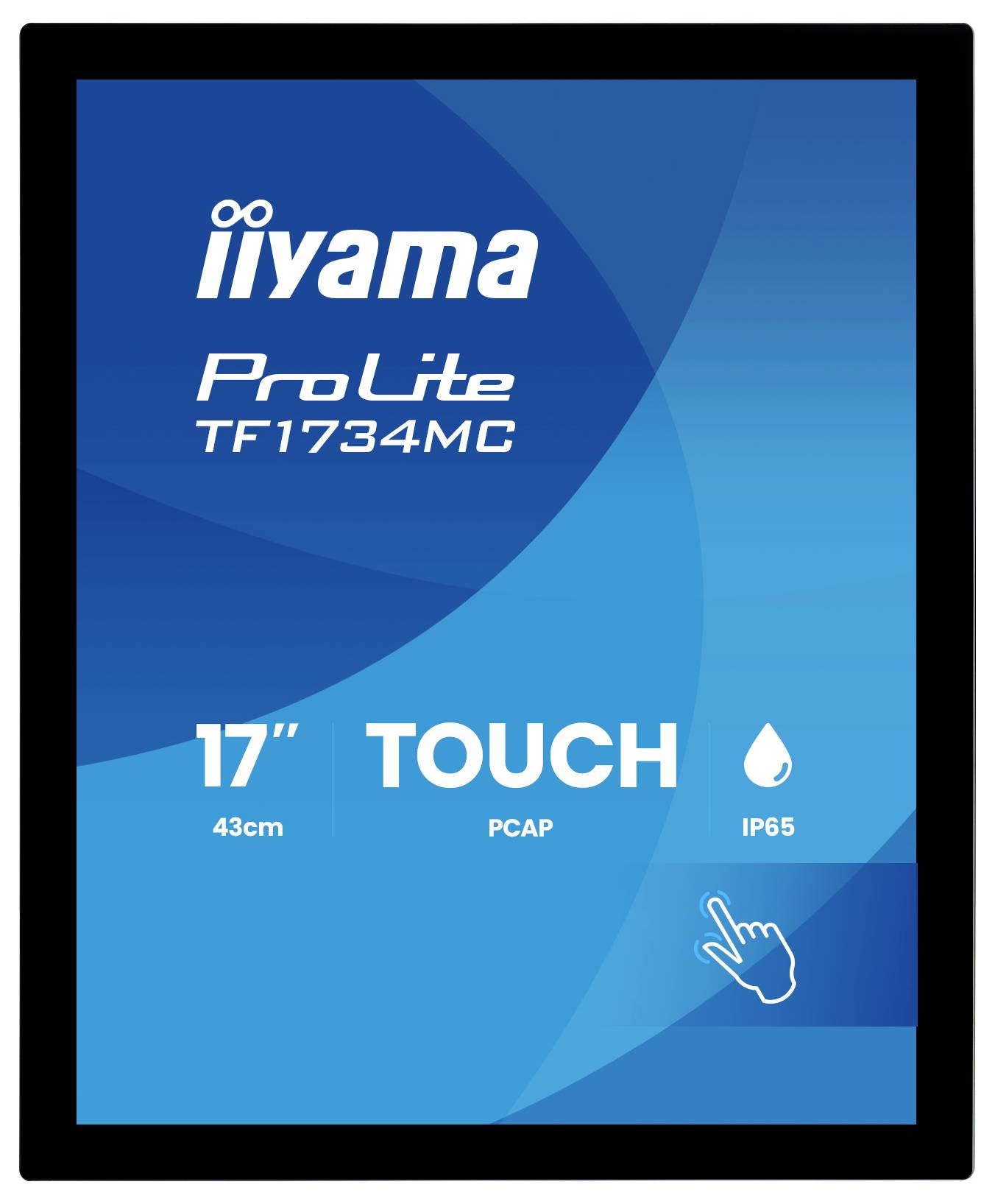 Bild eines Iiyama ProLite TF1734MC 17-Zoll-Touchmonitors, auf dem die Symbole „TOUCH", PCAP, 43 cm und IP65 zu sehen sind.