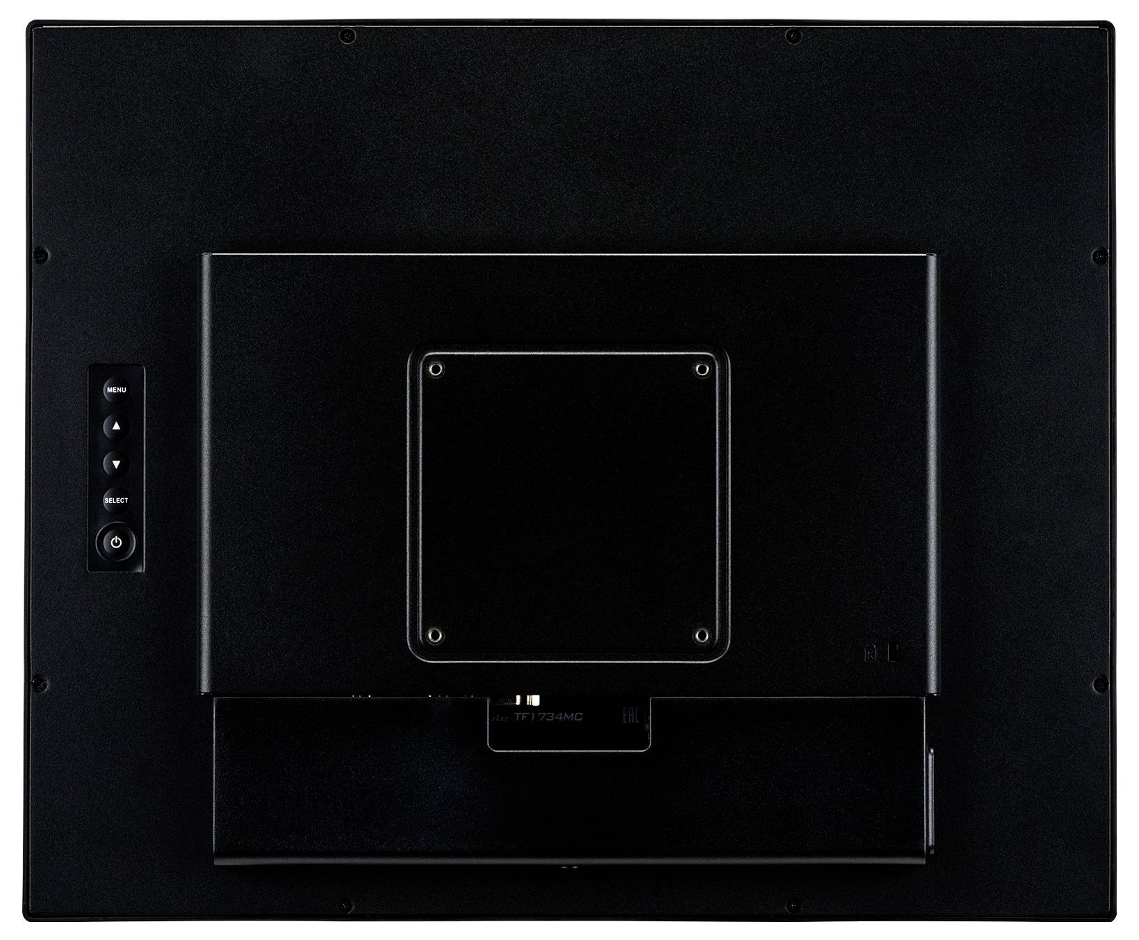 Rückansicht eines Flachbildfernsehers oder Monitors mit VESA-Befestigungspanel und seitlichen Steuerungstasten.