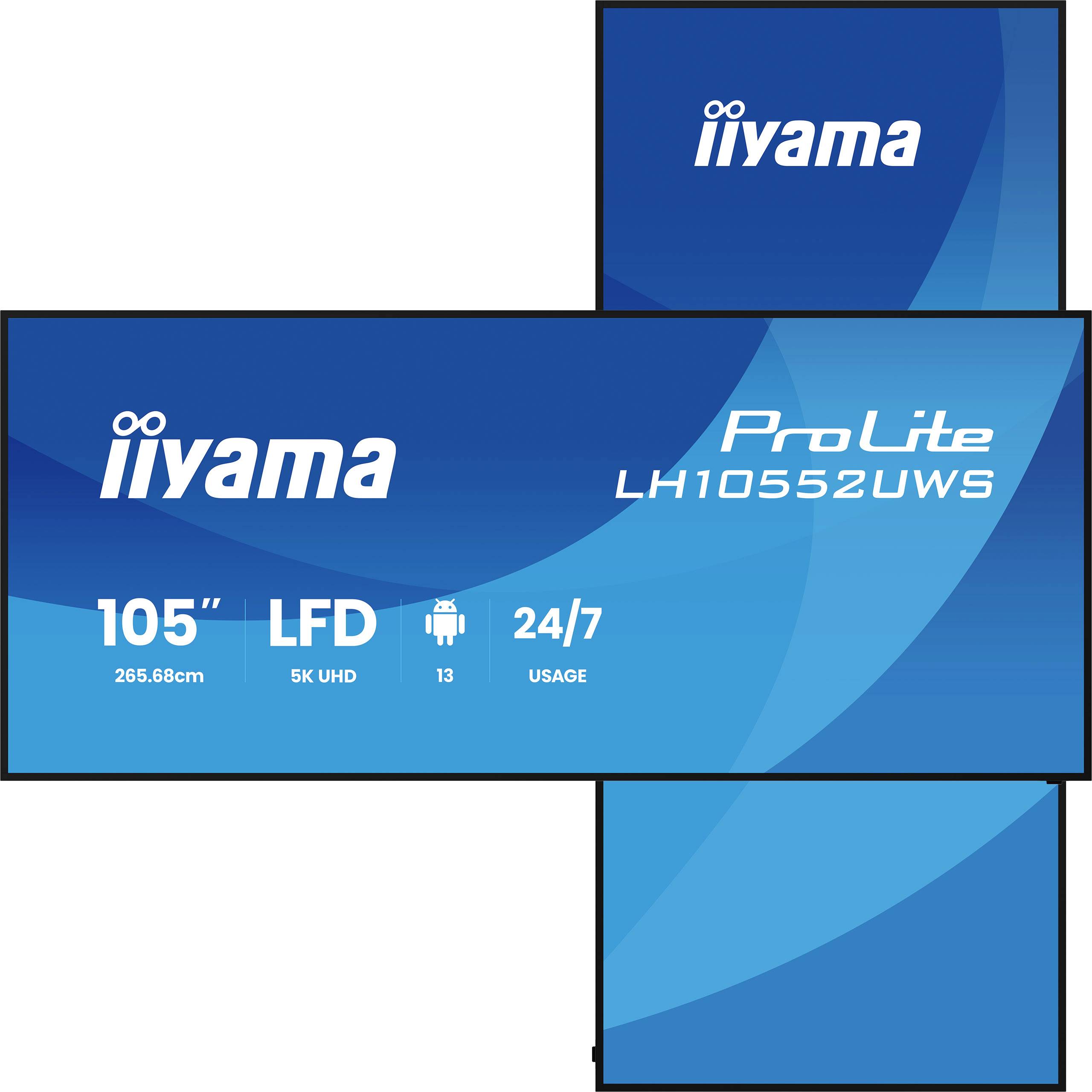 Iiyama ProLite LH1052UWS 105-Zoll-LFD-Display-Verpackung mit 5K UHD, 24/7-Betrieb und Android-13-Symbolen.