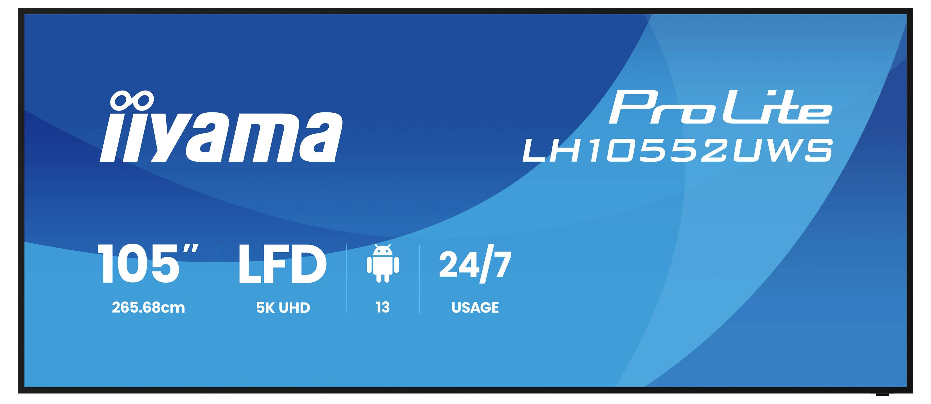 Blaue Produktanzeige für einen iiyama ProLite LH10552UWS 105-Zoll 5K UHD LFD, mit 24/7-Nutzung und Android 13-Kompatibilität.