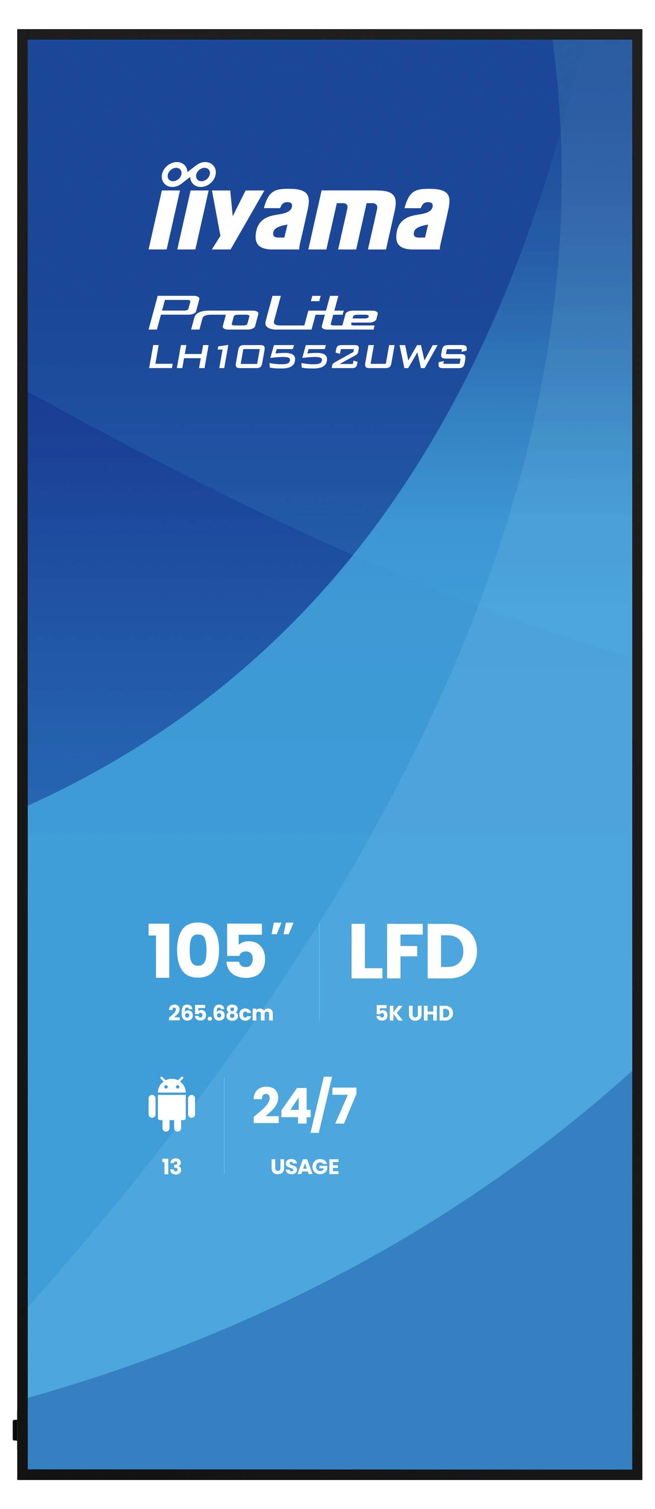 Blauer iiyama ProLite LH10552UWS Display-Poster mit 105-Zoll-LFD, 256,6 cm, 5K UHD, Android, 24/7-Betrieb und 13 mm Rahmen.