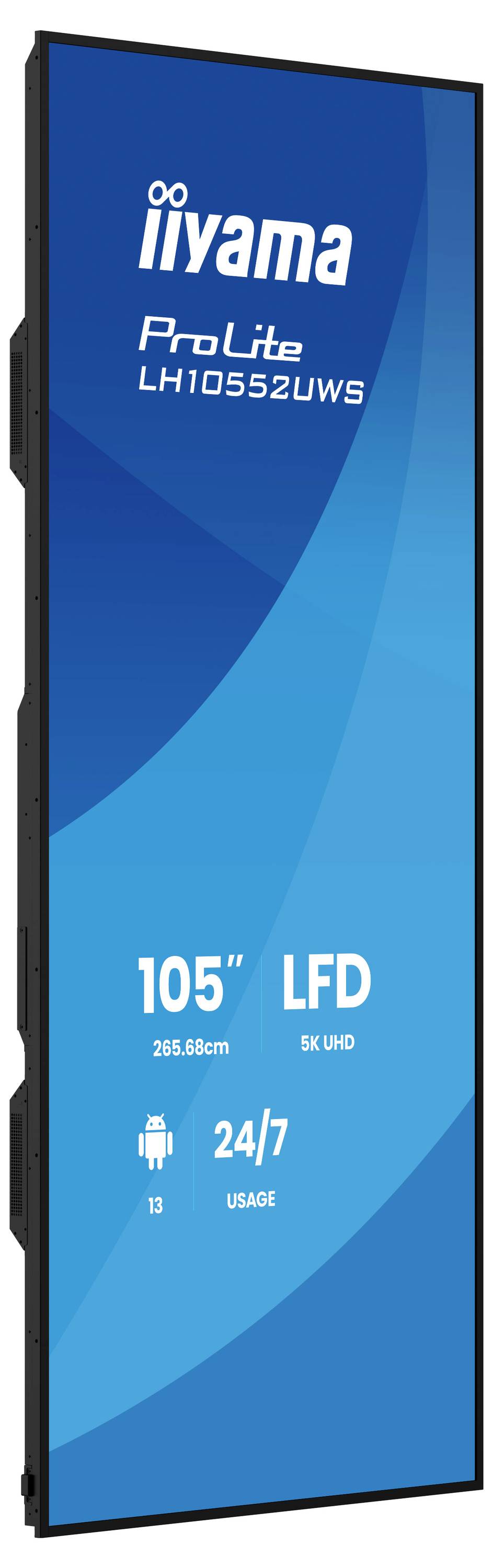 Produktbild eines iiyama ProLite LH10552UWS 105-Zoll-5K-UHD-Digital-Signage-Displays mit 24/7-Betrieb und Android-Unterstützung.