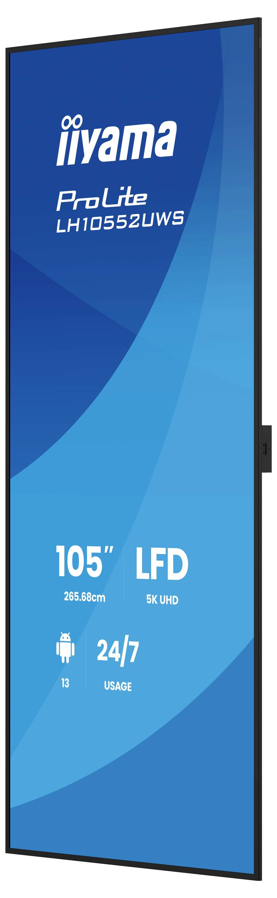 Werbebild eines Iiyama ProLite LH10552UWS 105-Zoll-LCD-Displays mit 24/7-Nutzungsbewertung.