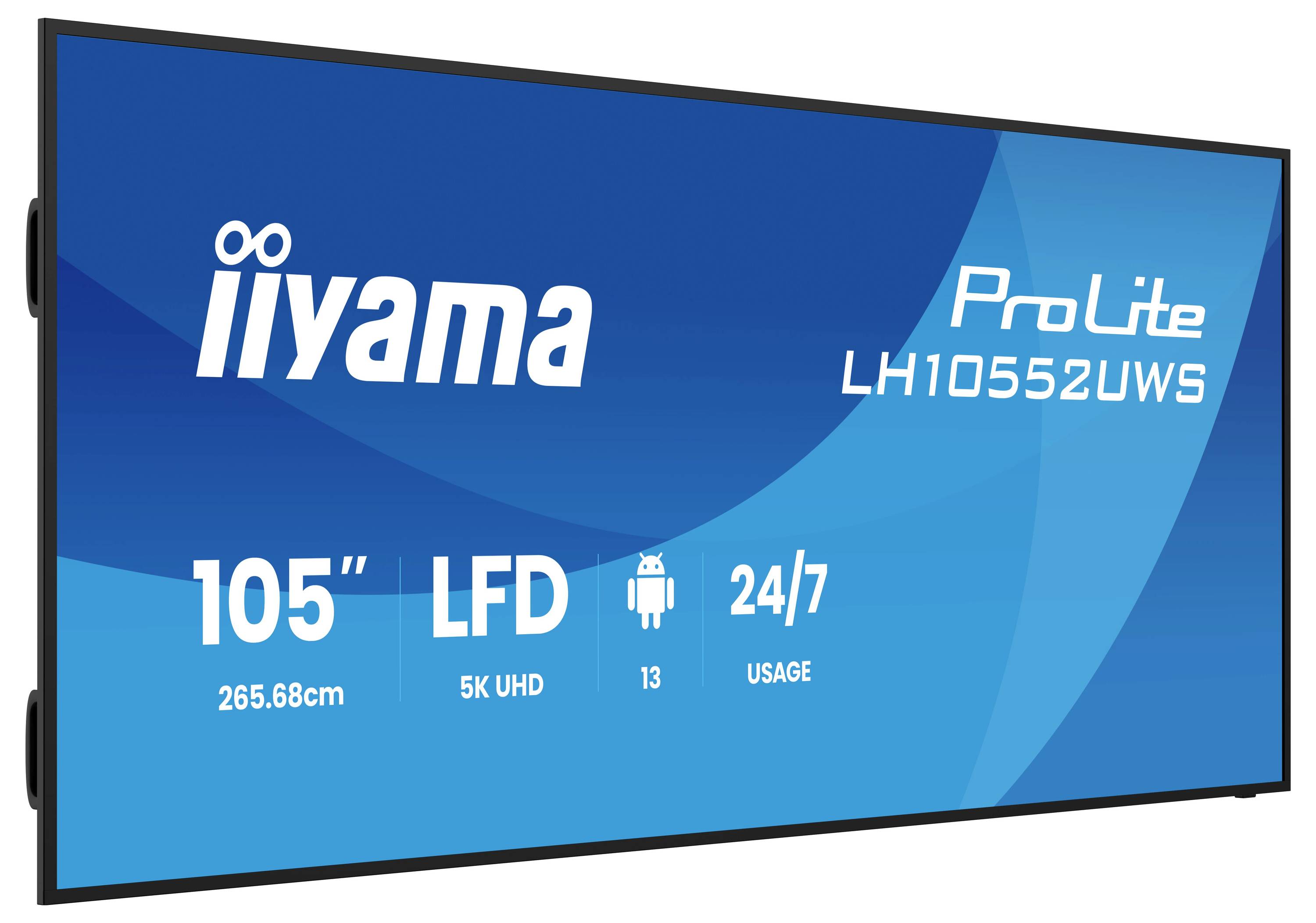 Produktbild eines iiyama ProLite LH10552UWS 105-Zoll-LFD-Displays, das 5K UHD, Android 13 und 24/7-Nutzungsmerkmale zeigt.