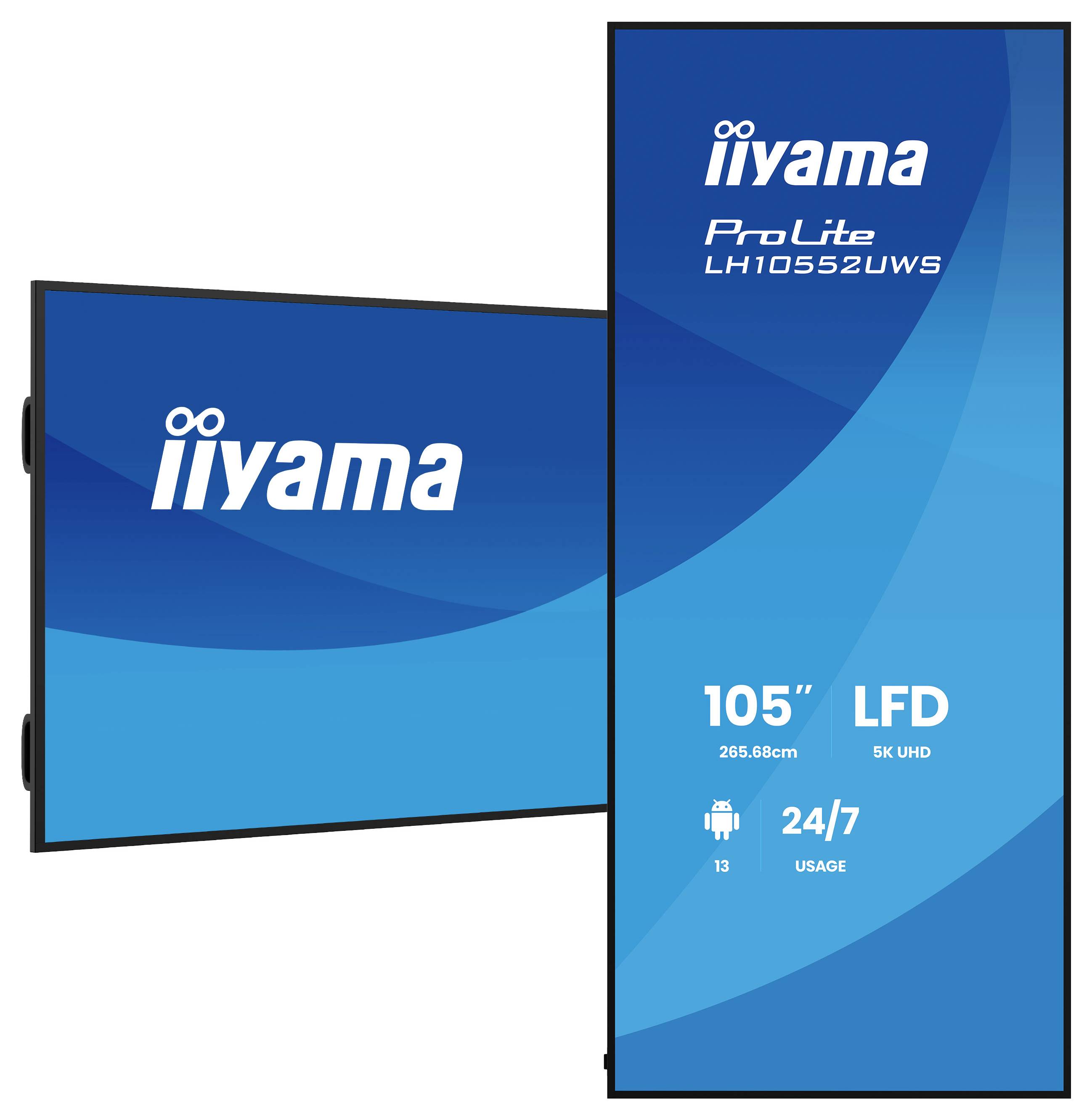 Bild eines iiyama ProLite LH1052UWS 105-Zoll-5K-UHD-Displays mit blauem Bildschirm, gezeigt in Quer- und Hochformat-Ausrichtungen.
