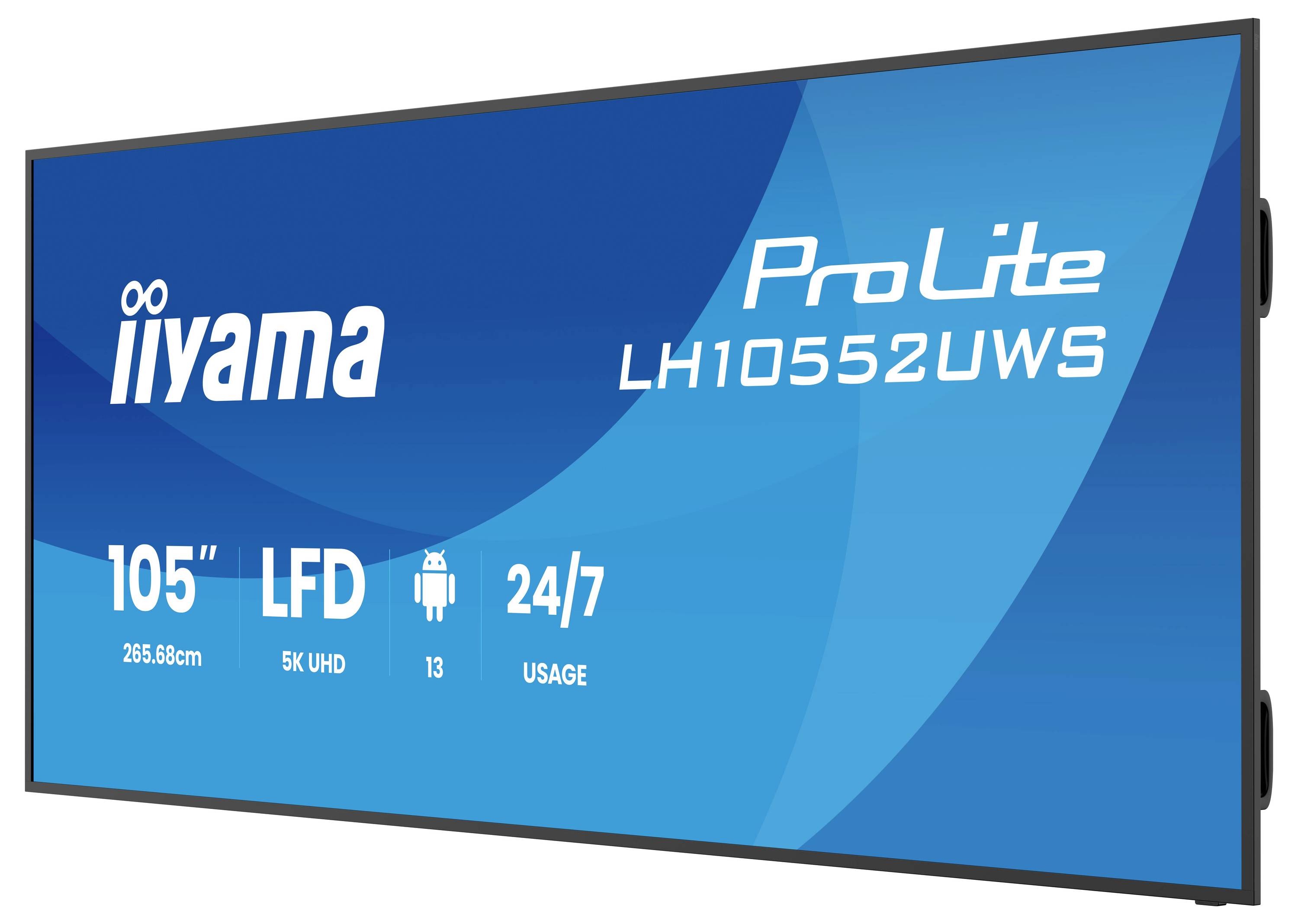 Iiyama ProLite LH10552UWS 105-Zoll-5K-UHD-LFD-Display mit 24/7-Betrieb und Android-13-Symbolen auf einem blauen Bildschirm.