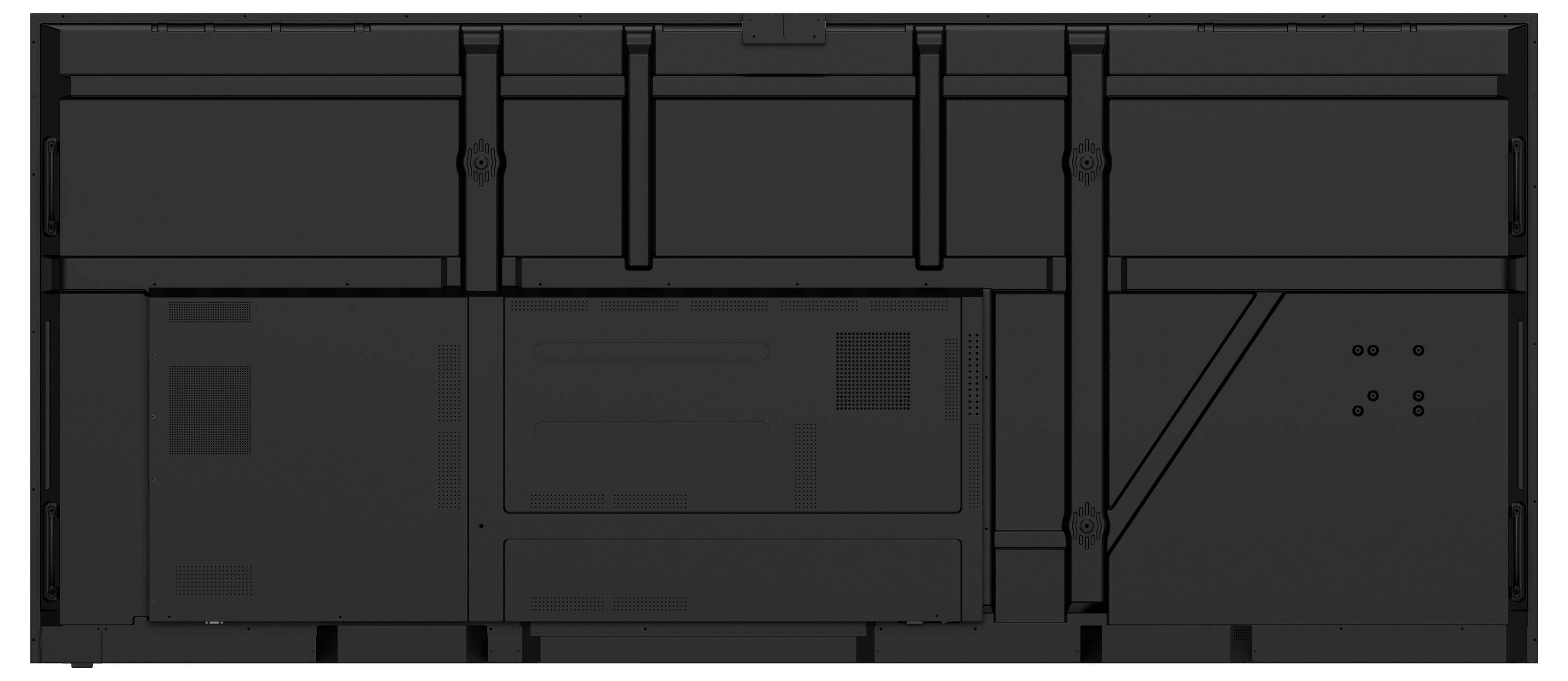 Dunkelgraues technisches Schaltschema eines rechteckigen modularen Panels mit segmentierten Abschnitten, Verbindungen und Eckmarkierungen.