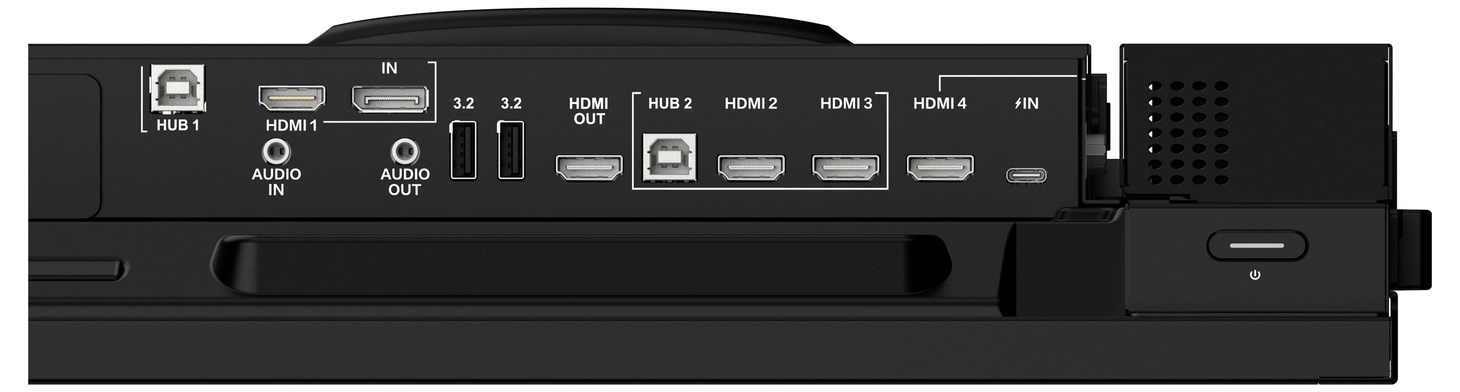 Rückansicht eines Hubs/Geräts mit beschrifteten Anschlüssen: Hub 1 und Hub 2, HDMI 1-4, USB 3.2, Audio Ein-/Ausgang und Stromversorgung/Eingabeverbindungen.