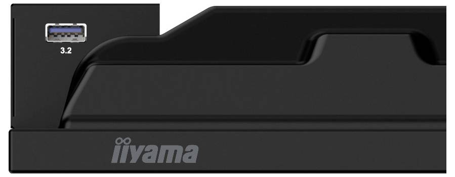 Schwarzes Iiyama-Gerät von vorne mit blauem USB-3.2-Anschluss auf der linken Seite und einer integrierten Abdeckung oder einem Ständer auf der rechten Seite.