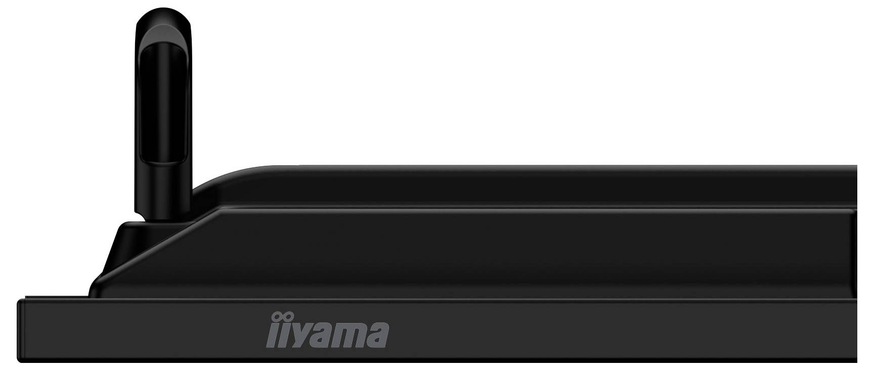 Schwarzer iiyama Monitor von der Seite betrachtet, zeigt die Basis und den aufrechten Ständer auf weißem Hintergrund.