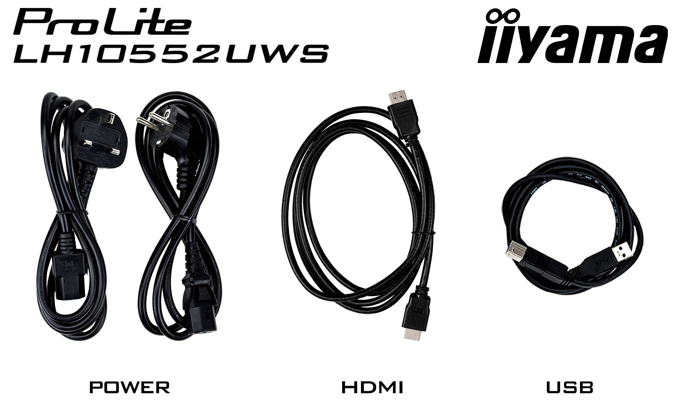 Produktabbildung des iiyama ProLite LH1055UWS mit enthaltenen Kabeln: Stromkabel, HDMI und USB.