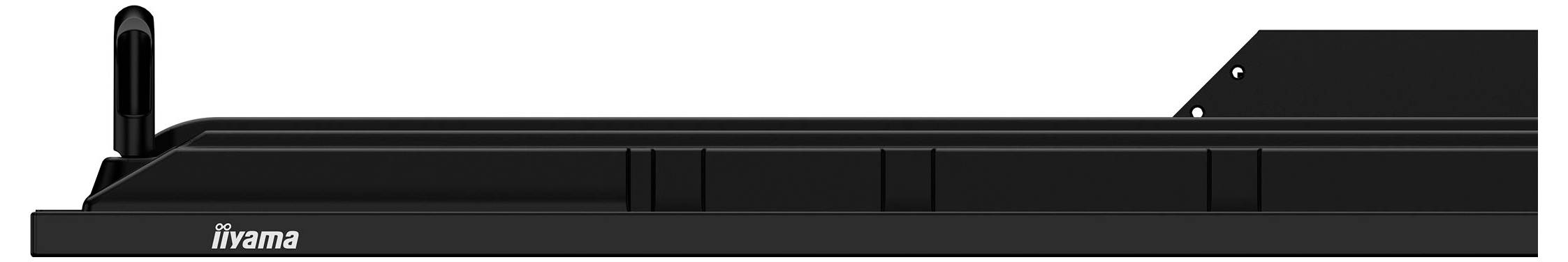 Ein schwarzes iiyama Digital-Signage-Display in Seitenansicht, das sein dünnes Profil und die hohe Antenne oder den Sensor auf der linken Seite hervorhebt.