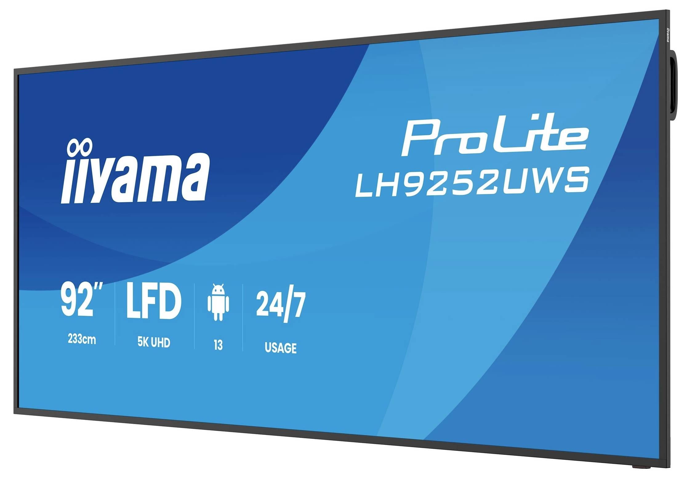Iiyama ProLite LH9252UWS 92-Zoll-Digital-Signage-Display auf blauem Produktbildschirm mit 5K UHD und 24/7-Nutzungssymbolen.
