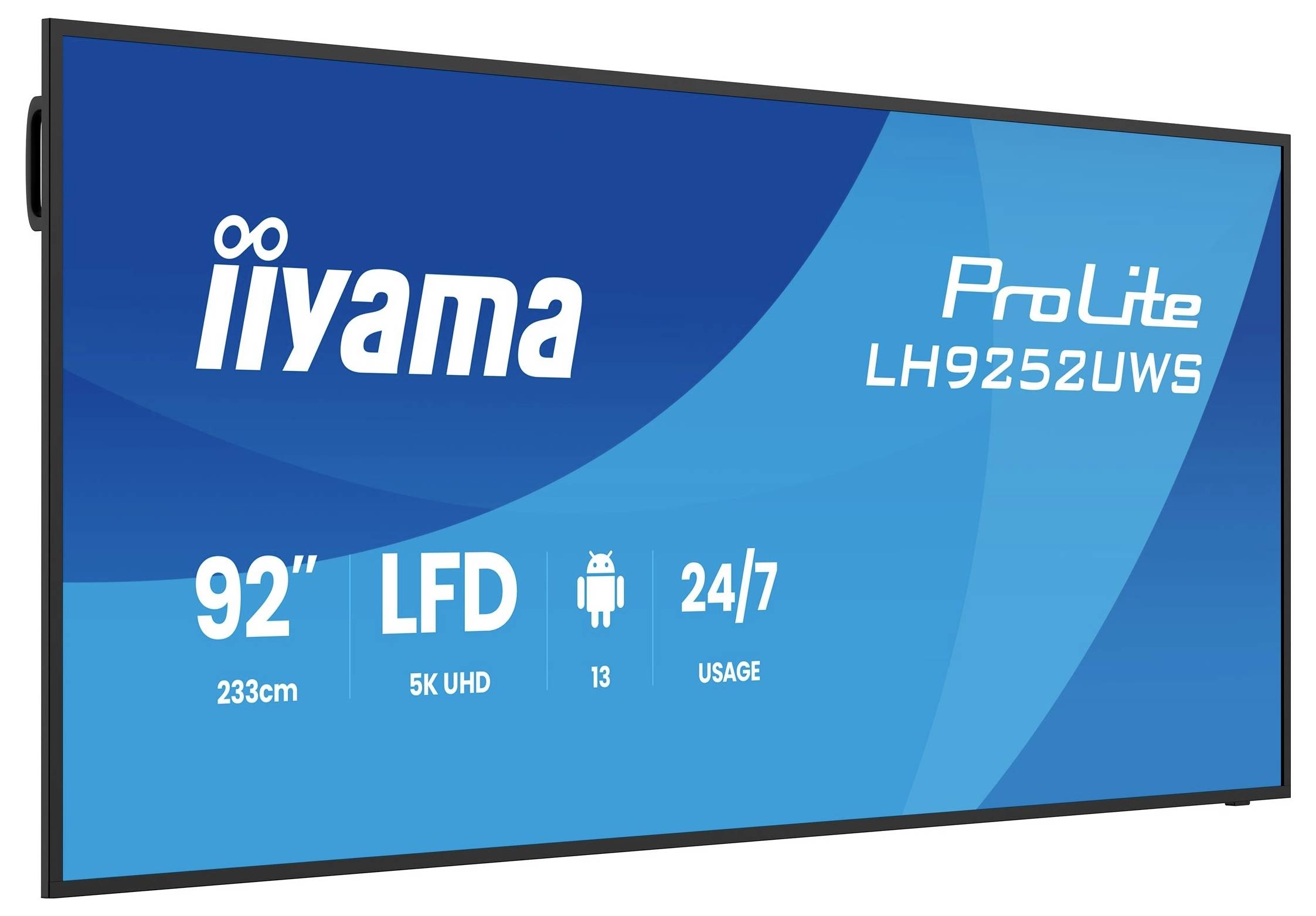 Iiyama ProLite LH9252UWS 92-Zoll-5K-UHD-LCD-Display mit 24/7-Nutzung und Android-13-Symbolen, die auf einem blauen Bildschirm angezeigt werden.