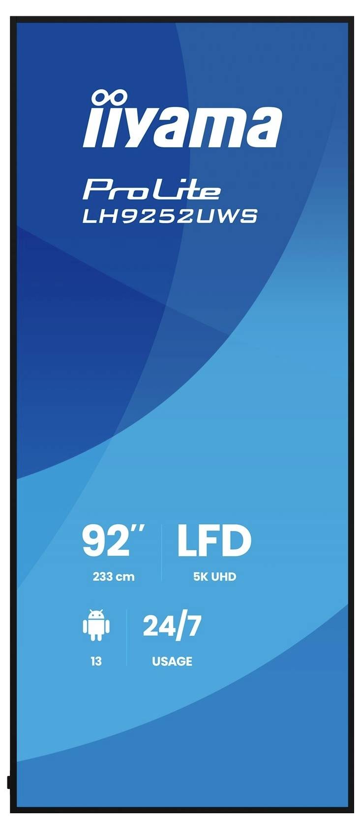 Iiyama ProLite LH9252UWS-Anzeigeschild mit 92-Zoll-LFD, 5K UHD, Android 13 und 24/7-Betrieb.