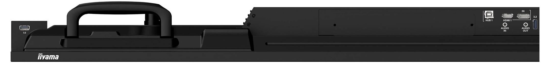 Schwarzes iiyama-Display oder Monitor von hinten mit integriertem Griff oben und Steuerungs-/Port-Symbolen auf der rechten Seite.