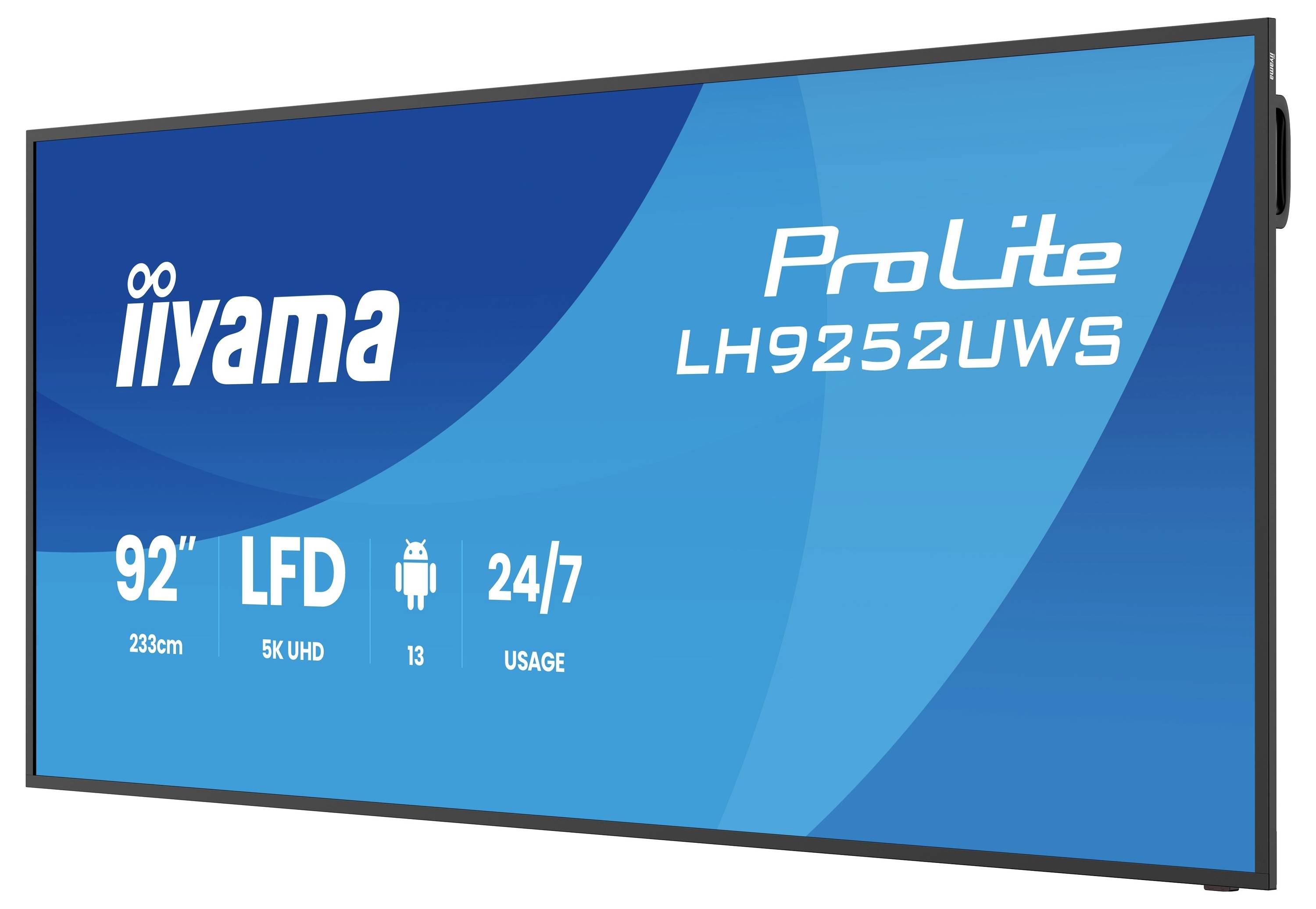 Großes iiyama ProLite LH9252UWS 92-Zoll-Digital-Signage-Display mit blauem Bildschirm, das 5K UHD-, Android- und 24/7-Nutzungssymbole anzeigt.