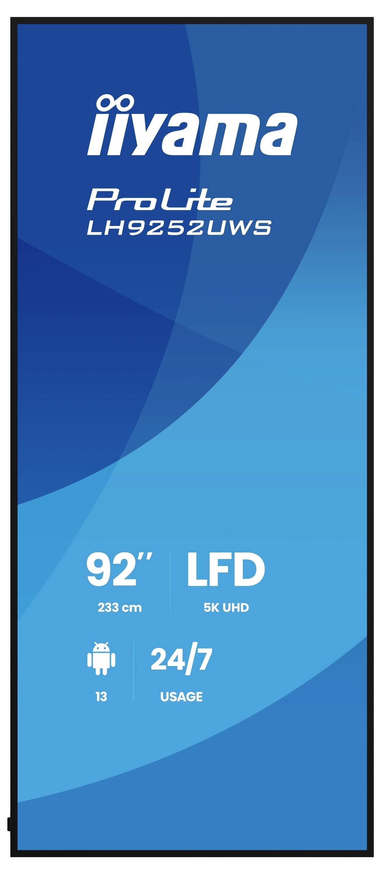 Produktbild eines iiyama ProLite LH9252UWS 92-Zoll-LFD-Displays, 5K UHD, 24/7-Nutzung, mit Android 13-Symbol und 233 cm Größenetikett.