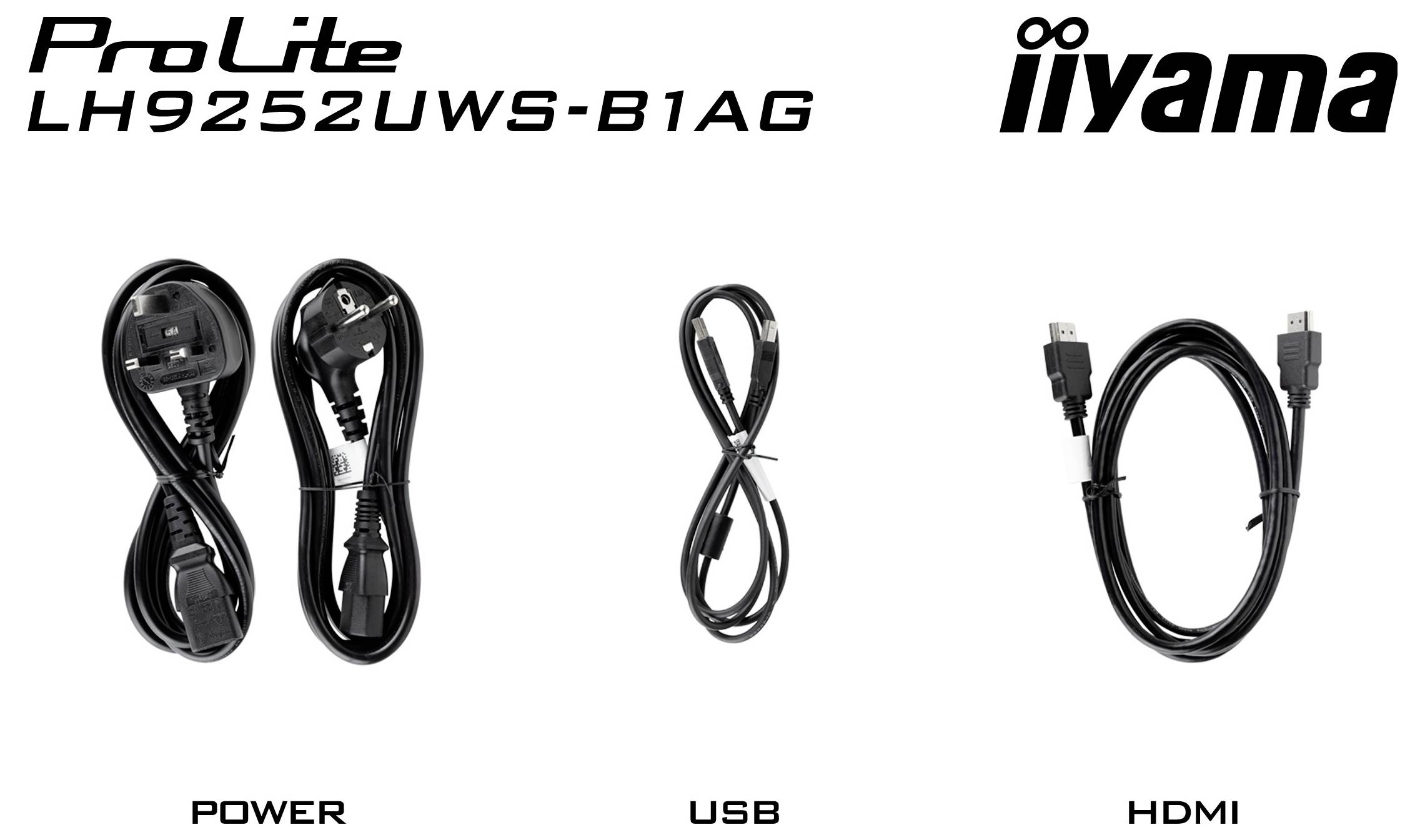 iiyama ProLite LH9252UWS-B1AG Display-Zubehör: Stromkabel, USB-Kabel und HDMI-Kabel separat auf weißem Hintergrund abgebildet.