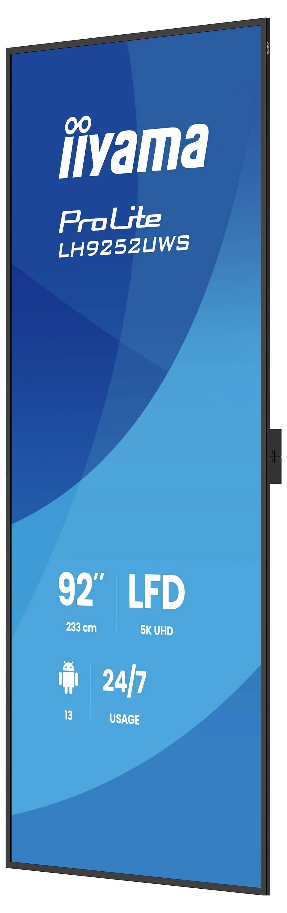Werbebild eines iiyama ProLite LH9252UWS 92-Zoll-LCD-Displays mit 24/7-Nutzung und 8K-UHD-Unterstützung.