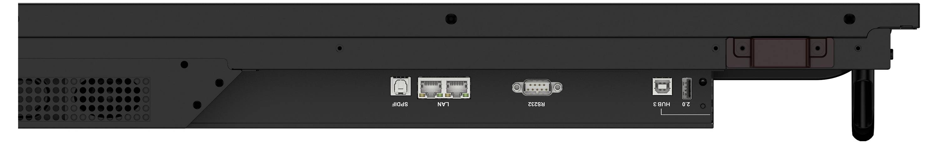 Nahaufnahme der Rückseite eines schwarzen elektronischen Geräts mit mehreren Anschlüssen, Belüftungslöchern und einem Netzschalter.
