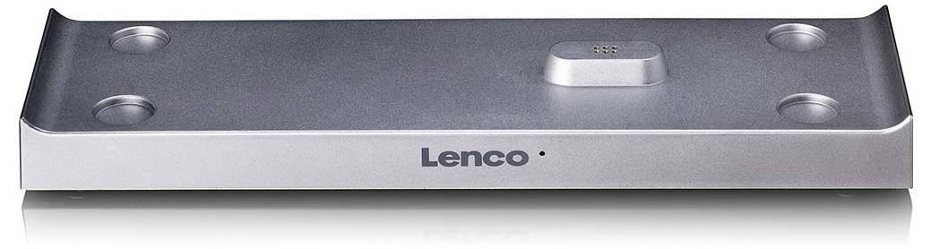 Silver Lenco tragbare Sprecherdockingstation mit vier runden Vertiefungen oben und einem zentralen Anschluss, dargestellt auf weißem Hintergrund.