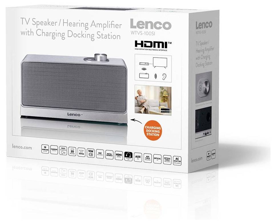 # Produktbox für einen Lenco TV-Lautsprecher/Hörverstärker mit Ladedockingstation, auf der Verpackung werden HDMI-Unterstützung und das Lautsprecherbild gezeigt.