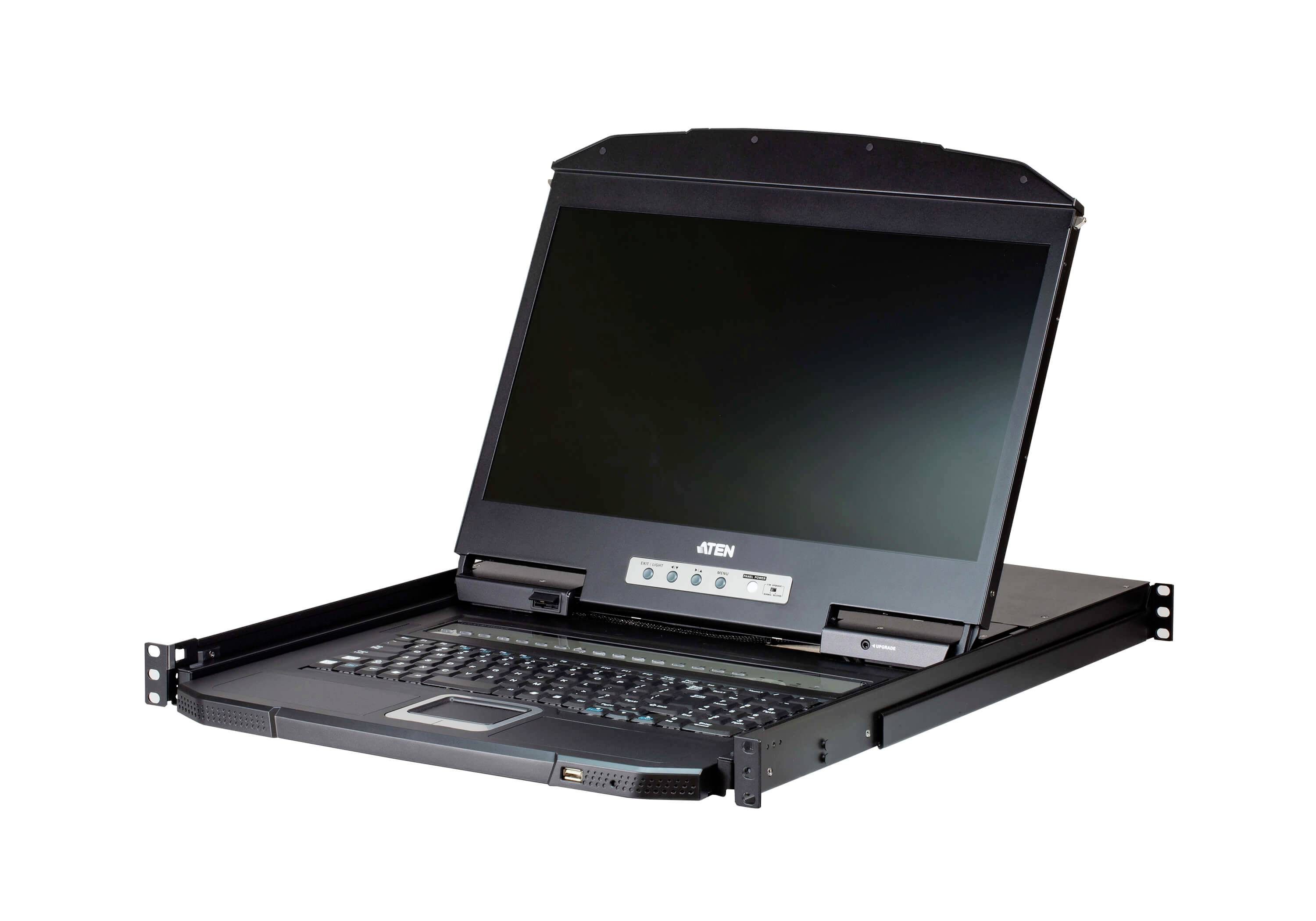 Ausklappbare Rack-Mount-KVM-Konsolenschublade mit integriertem Monitor, Tastatur und Touchpad, geöffnet auf weißem Hintergrund dargestellt.