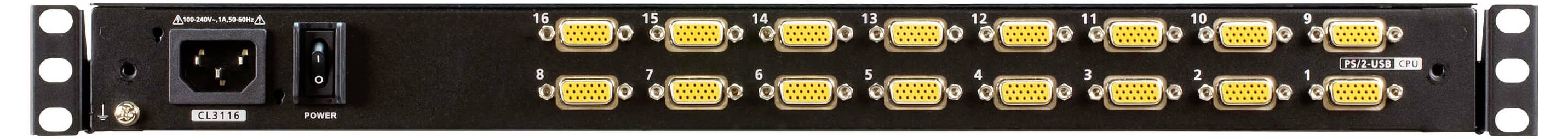 Frontansicht eines Rack-Mount-KVM-ähnlichen Schalterpanels mit zwei Reihen von gelb-schwarzen D-Sub-Steckverbindern und Befestigungsöhren auf beiden Seiten.
