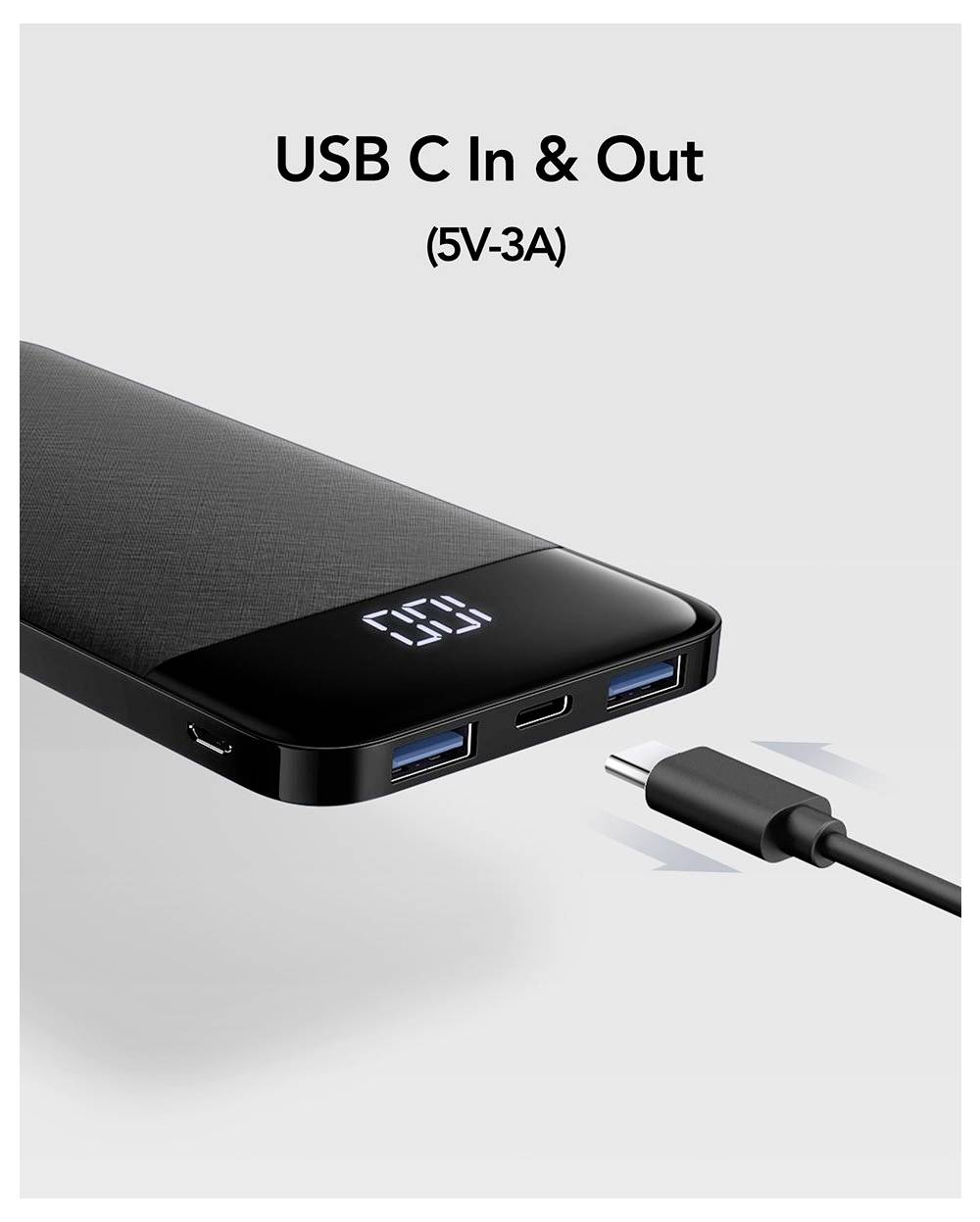 Powerbank mit USB-C Ein- und Ausgang, gekennzeichnet mit „USB C Ein & Aus (5V-3A)