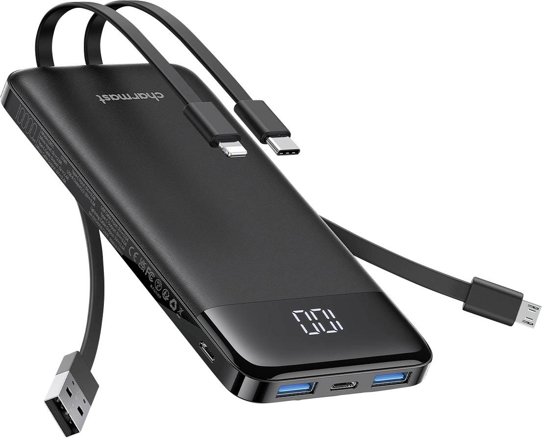 Schwarze tragbare Powerbank mit integrierten Ladekabeln und LED-Batterieladeanzeige, dargestellt mit USB-A-, USB-C- und Micro-USB-Anschlüssen.