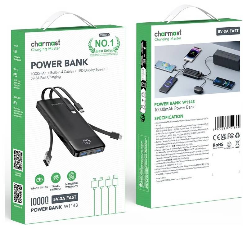 Produktbox für Charmast W1148 Powerbank, mit einer 10000mAh 5V-3A Schnelllade-Batterie mit integrierten 4 Kabeln und LED-Display.