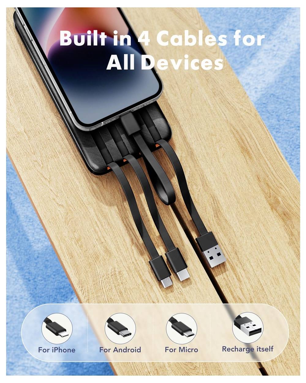 Tragbare Powerbank mit integrierten 4 Kabeln für iPhone, Android, Micro USB und Selbstladung, angezeigt auf einem Telefon auf einer Holzoberfläche.