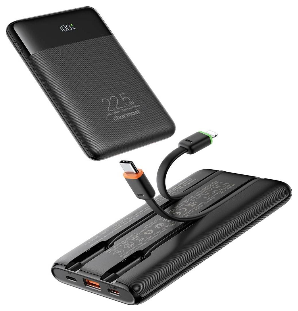 Schwarze 22,5W Powerbank mit integrierten USB-C- und Lightning-Kabeln, dargestellt mit einem kleineren passenden tragbaren Ladegerät darüber.